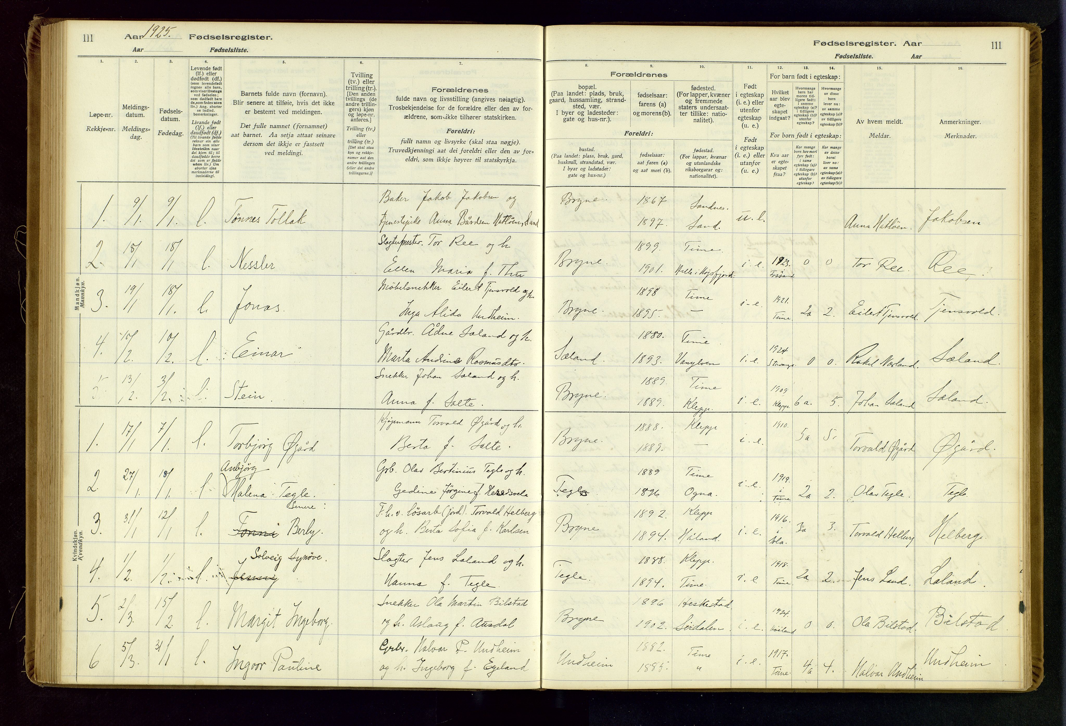 Time sokneprestkontor, AV/SAST-A-101795/001/704BA/L0001: Fødselsregister nr. 1, 1916-1934, s. 111