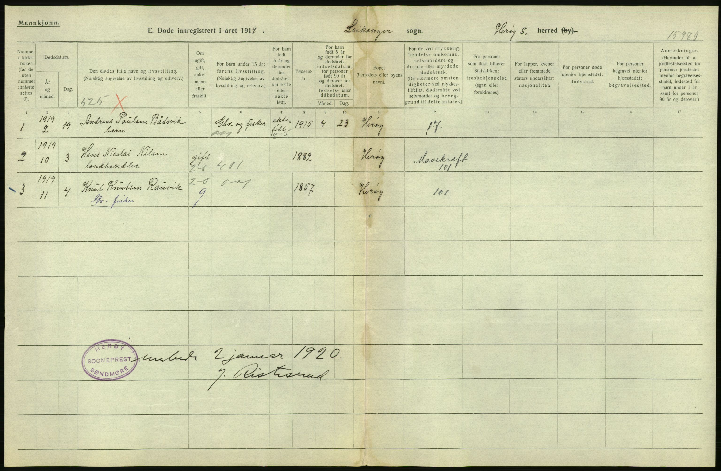 Statistisk sentralbyrå, Sosiodemografiske emner, Befolkning, AV/RA-S-2228/D/Df/Dfb/Dfbi/L0042: Møre fylke: Døde. Bygder og byer., 1919, s. 12