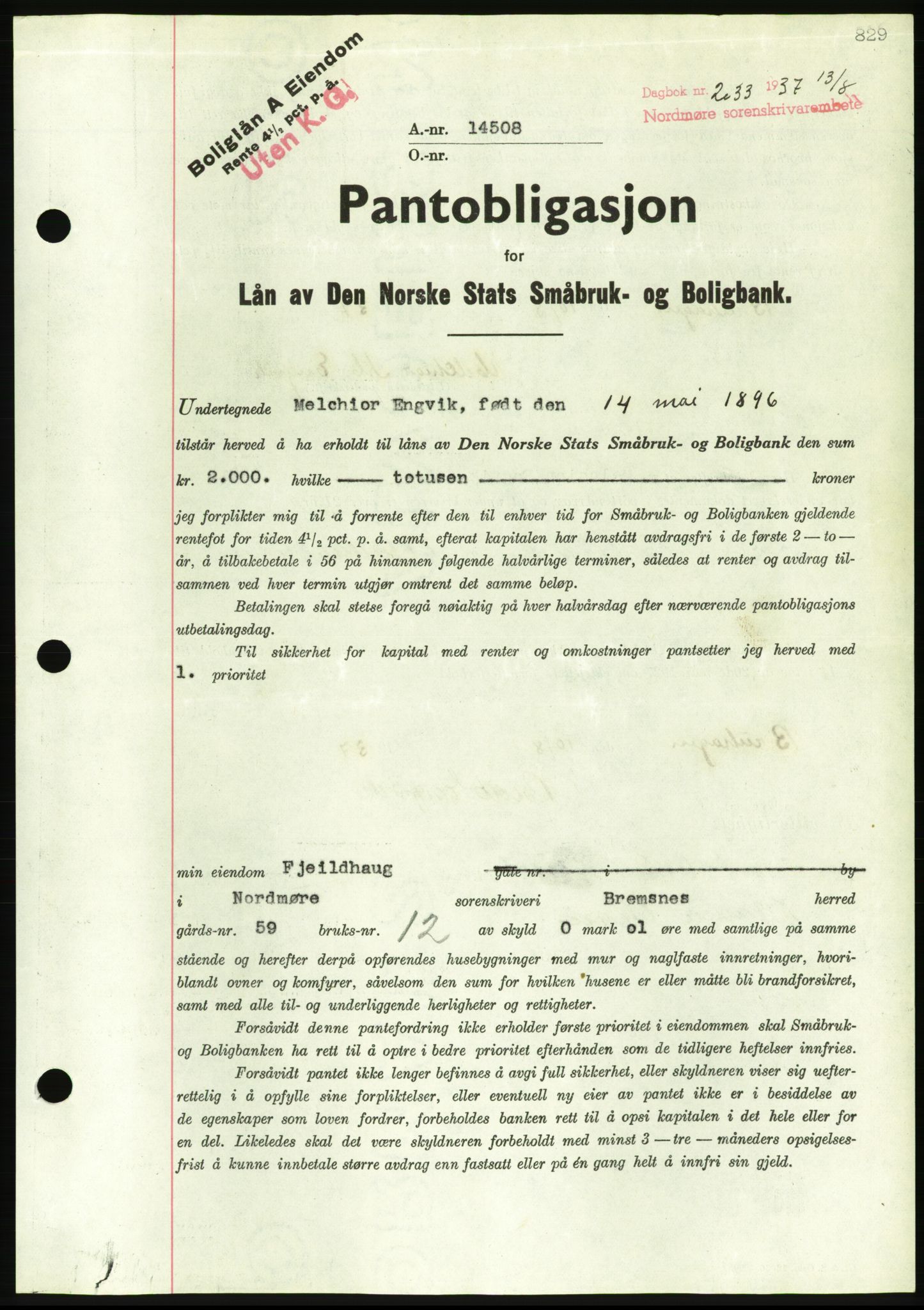 Nordmøre sorenskriveri, AV/SAT-A-4132/1/2/2Ca/L0091: Pantebok nr. B81, 1937-1937, Dagboknr: 2033/1937