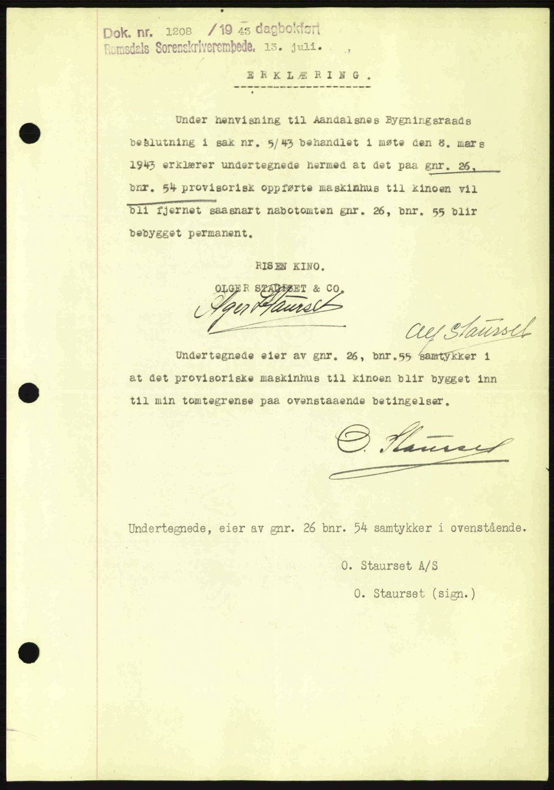 Romsdal sorenskriveri, SAT/A-4149/1/2/2C: Pantebok nr. B2, 1939-1945, Dagboknr: 1208/1943