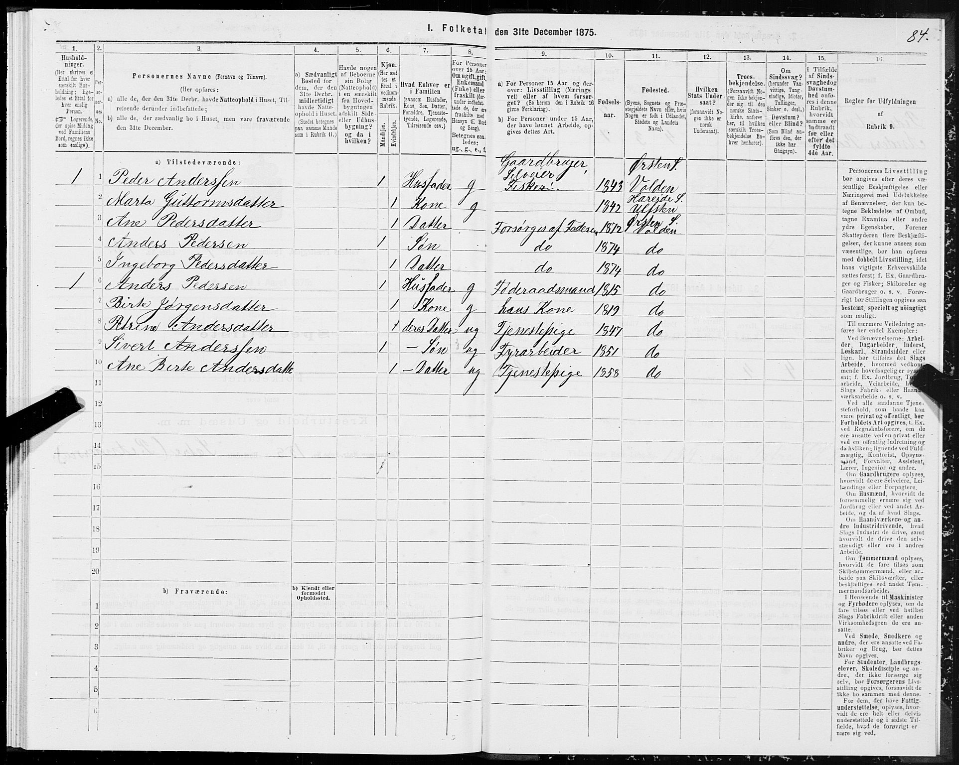 SAT, Folketelling 1875 for 1519P Volda prestegjeld, 1875, s. 1084