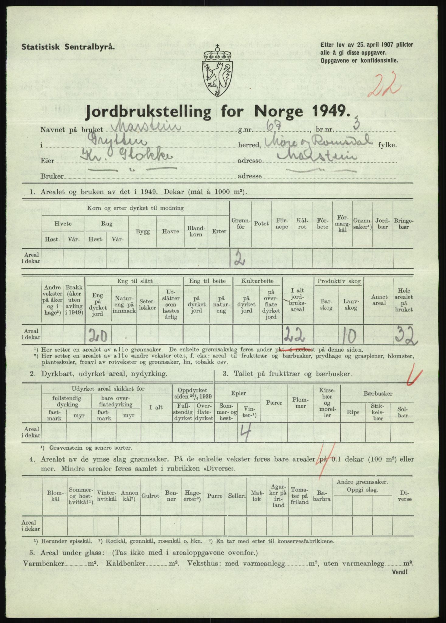 Statistisk sentralbyrå, Næringsøkonomiske emner, Jordbruk, skogbruk, jakt, fiske og fangst, AV/RA-S-2234/G/Gc/L0323: Møre og Romsdal: Grytten og Hen, 1949, s. 115