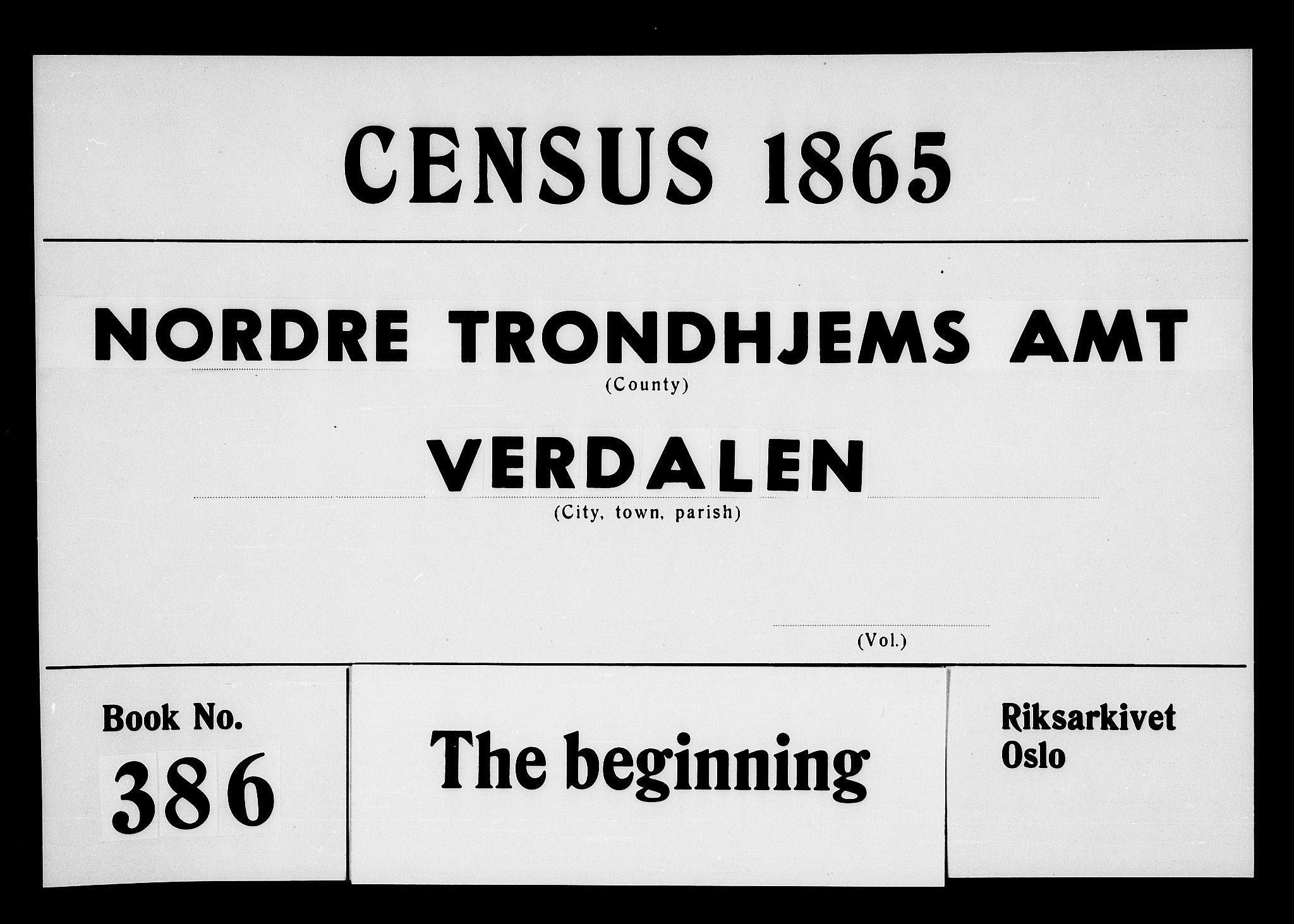 RA, Folketelling 1865 for 1721P Verdal prestegjeld, 1865, s. 1