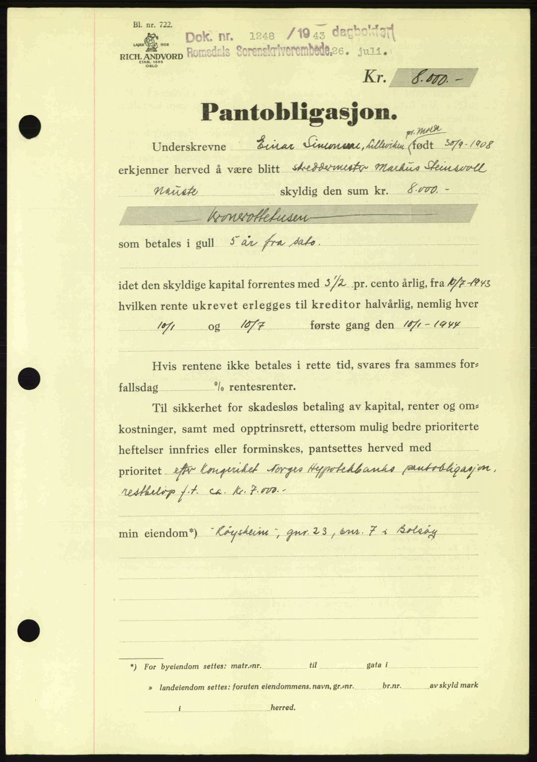 Romsdal sorenskriveri, SAT/A-4149/1/2/2C: Pantebok nr. B2, 1939-1945, Dagboknr: 1248/1943