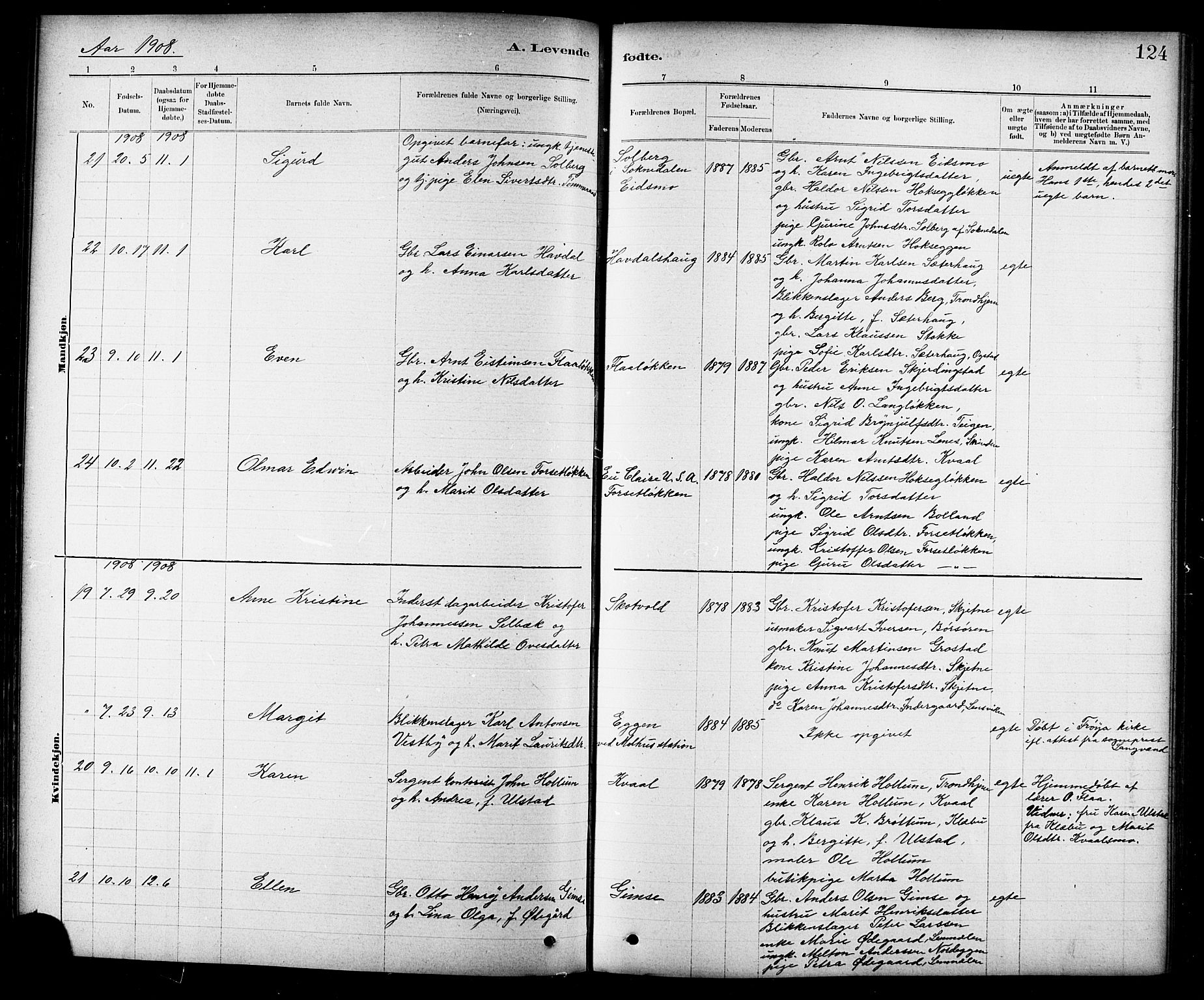 Ministerialprotokoller, klokkerbøker og fødselsregistre - Sør-Trøndelag, SAT/A-1456/691/L1094: Klokkerbok nr. 691C05, 1879-1911, s. 124