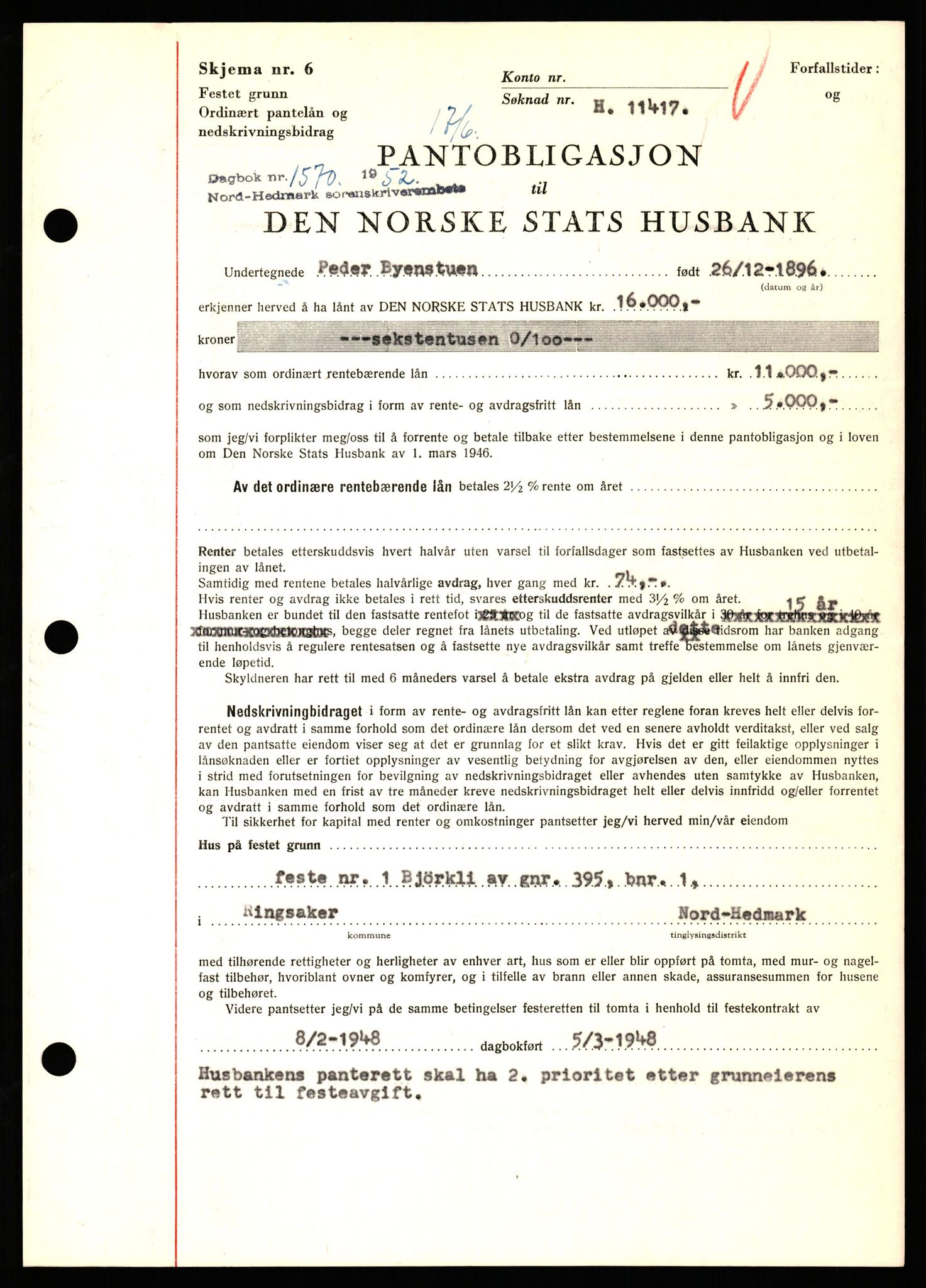 Nord-Hedmark sorenskriveri, SAH/TING-012/H/Hb/Hbf/L0025: Pantebok nr. B25, 1952-1952, Dagboknr: 1570/1952