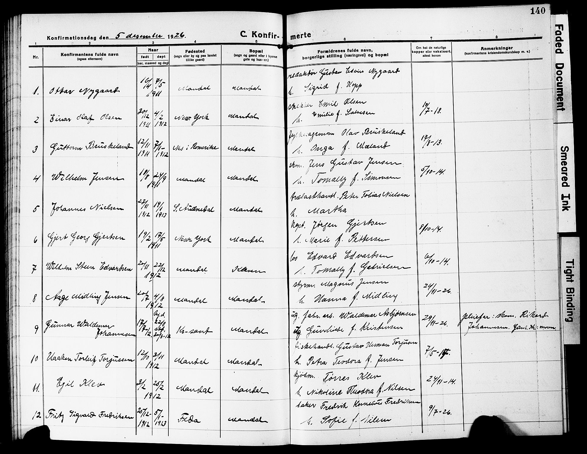 Mandal sokneprestkontor, AV/SAK-1111-0030/F/Fb/Fbc/L0001: Klokkerbok nr. B 1, 1918-1931, s. 140