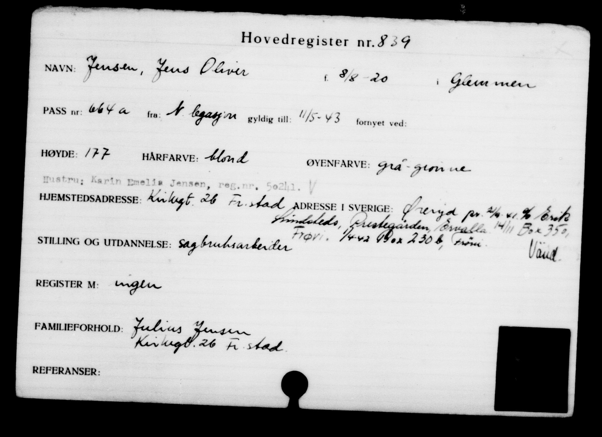 Utenriksstasjonene, Legasjonen i Stockholm, Flyktningkontoret, AV/RA-S-6753/V/Va/L0001: Kjesäterkartoteket, flyktninger med registreringsnr. 1-1000, 1940-1945, s. 1334