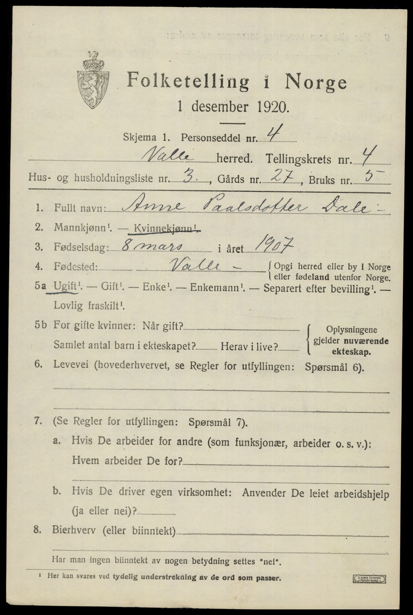 SAK, Folketelling 1920 for 0940 Valle herred, 1920, s. 2015