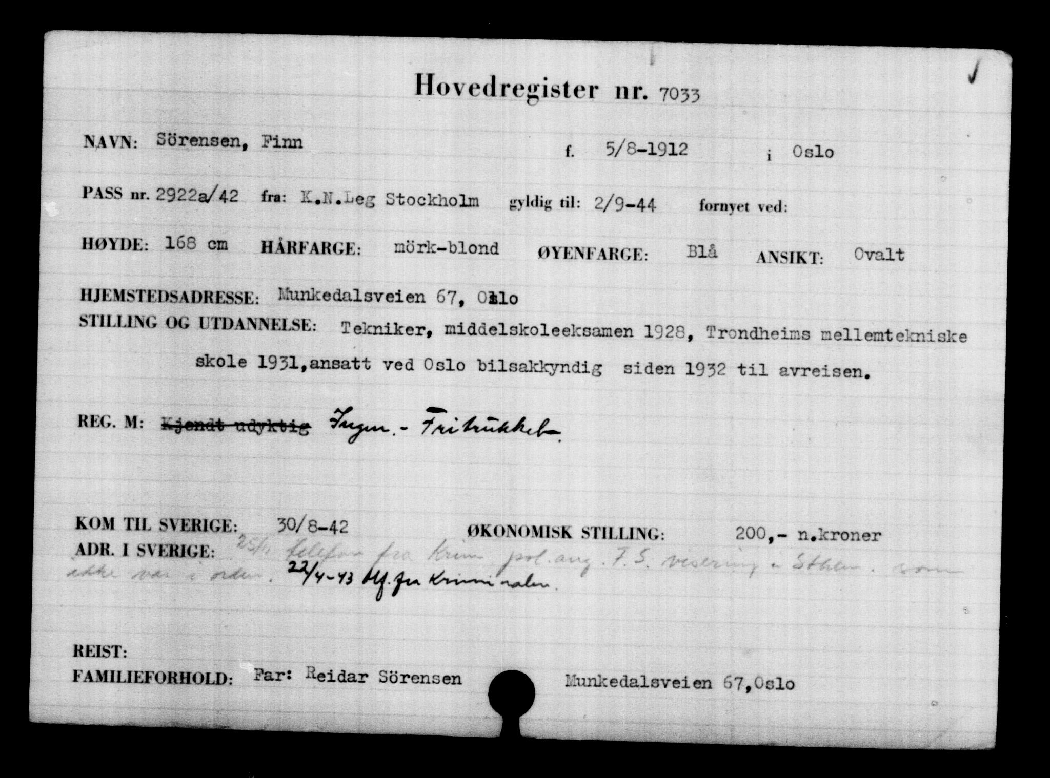 Utenriksstasjonene, Legasjonen i Stockholm, Flyktningkontoret, AV/RA-S-6753/V/Va/L0005: Kjesäterkartoteket, flyktning nr. 6600-9417, 1940-1945, s. 522