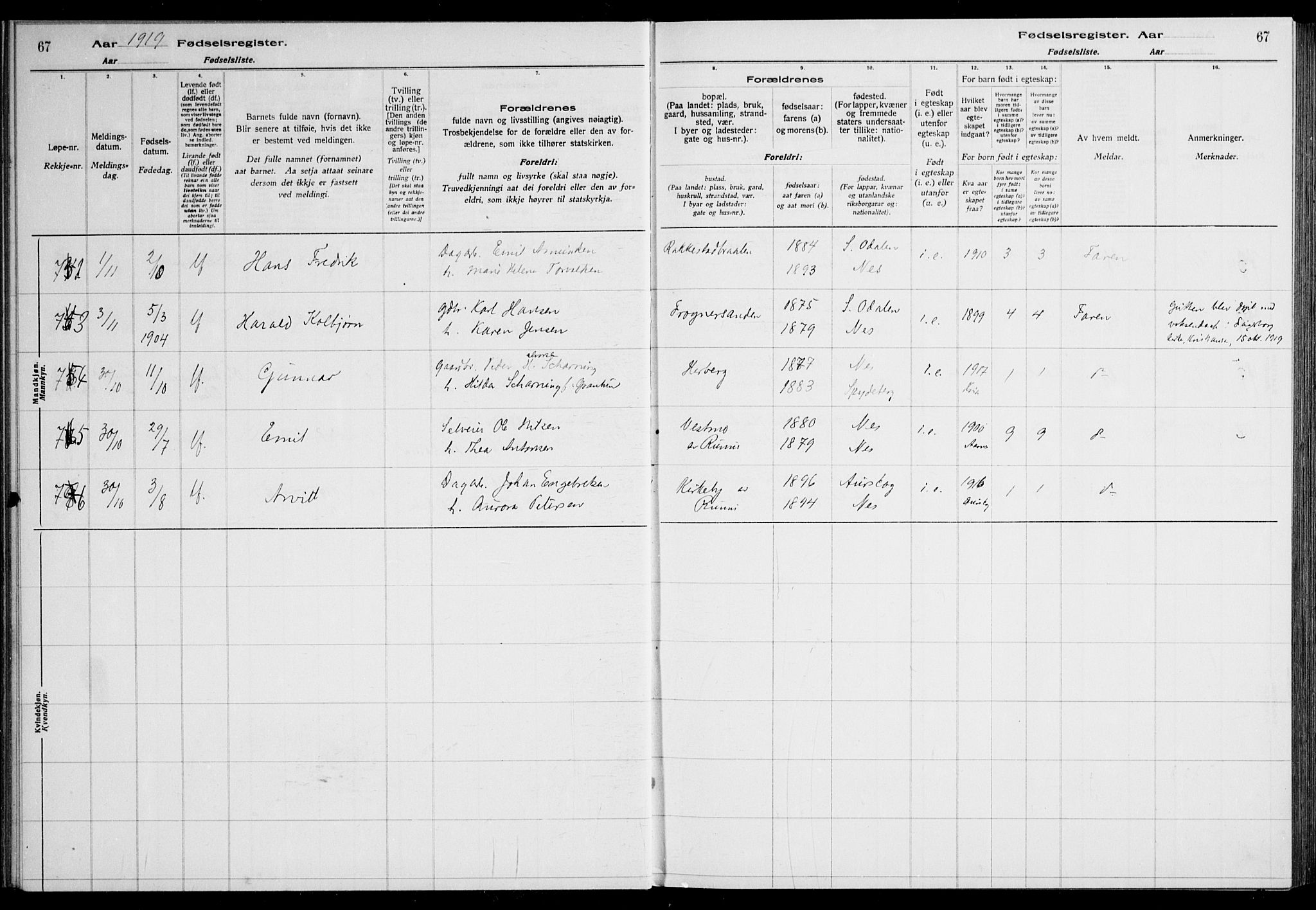 Nes prestekontor Kirkebøker, AV/SAO-A-10410/J/Ja/L0001: Fødselsregister nr. 1, 1916-1926, s. 67