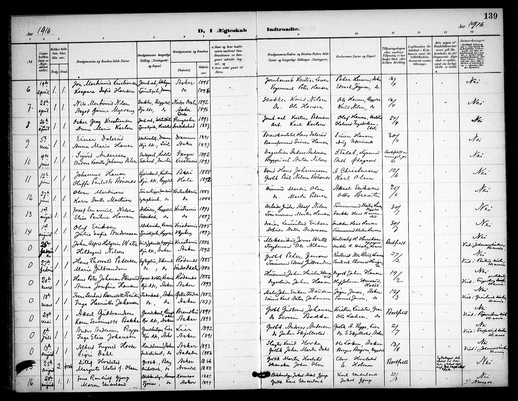 Asker prestekontor Kirkebøker, AV/SAO-A-10256a/F/Fa/L0016: Ministerialbok nr. I 16, 1900-1917, s. 139