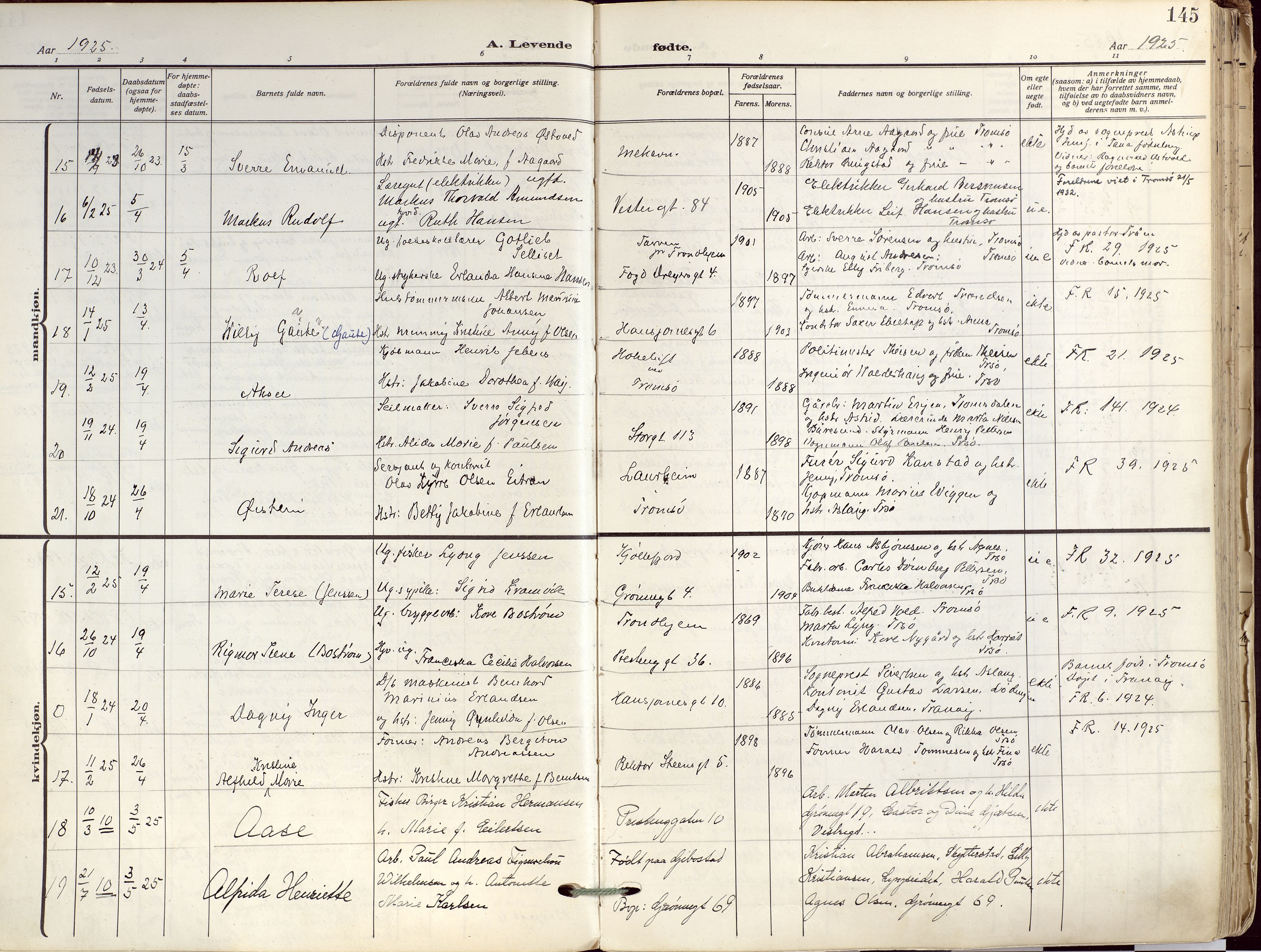 Tromsø sokneprestkontor/stiftsprosti/domprosti, AV/SATØ-S-1343/G/Ga/L0019kirke: Ministerialbok nr. 19, 1917-1927, s. 145