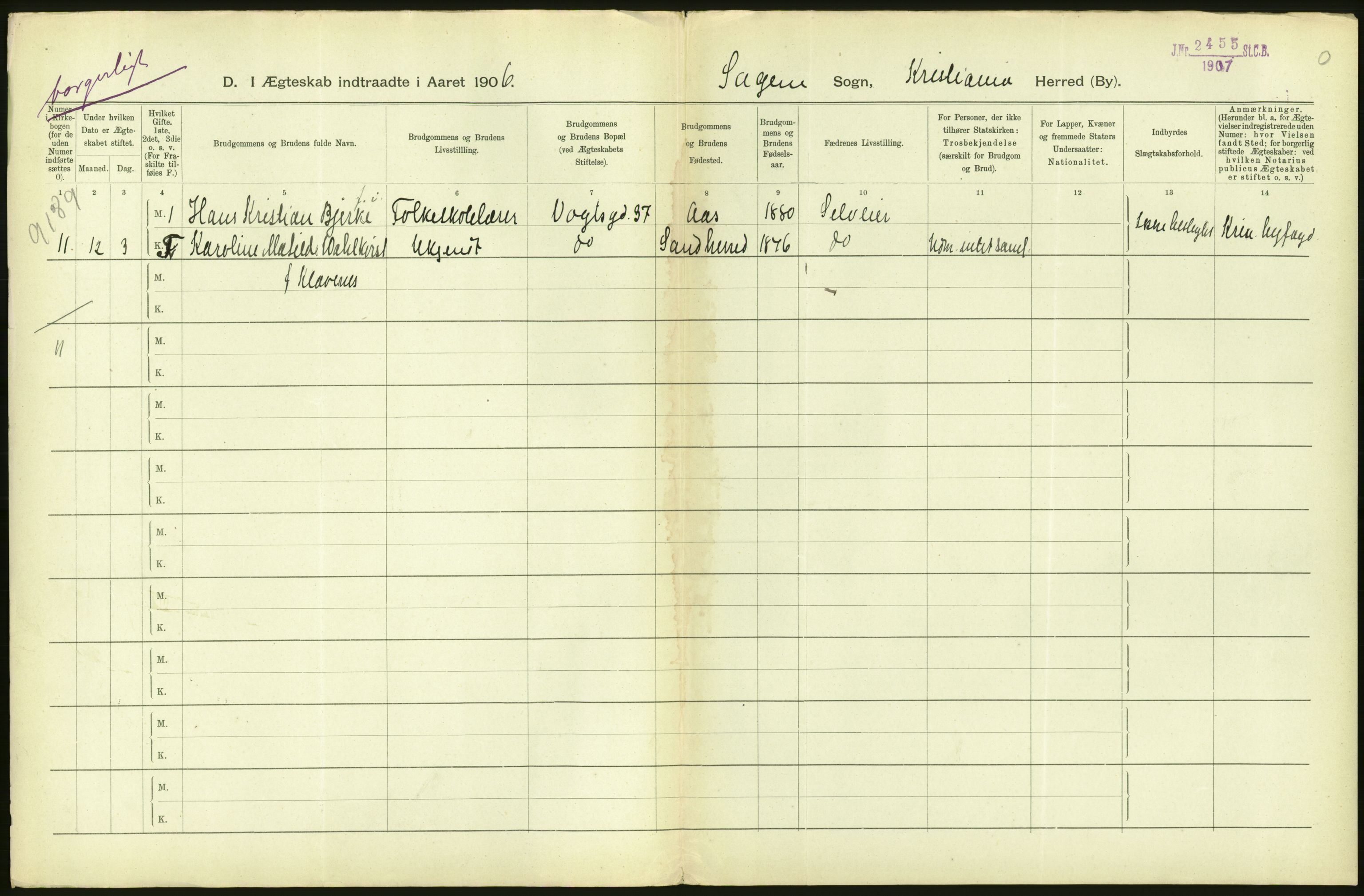 Statistisk sentralbyrå, Sosiodemografiske emner, Befolkning, AV/RA-S-2228/D/Df/Dfa/Dfad/L0008: Kristiania: Gifte, 1906, s. 430