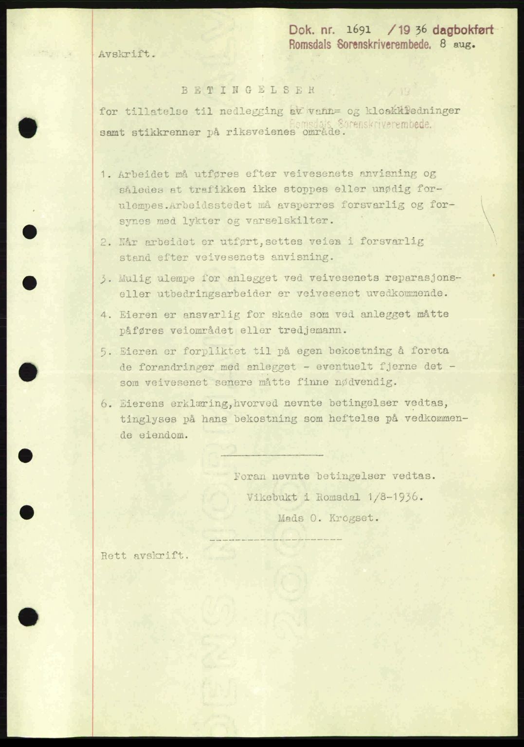 Romsdal sorenskriveri, SAT/A-4149/1/2/2C: Pantebok nr. A1, 1936-1936, Dagboknr: 1691/1936