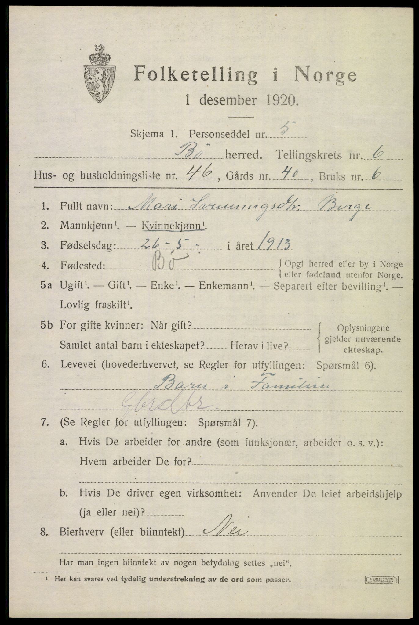 SAKO, Folketelling 1920 for 0821 Bø herred, 1920, s. 4904