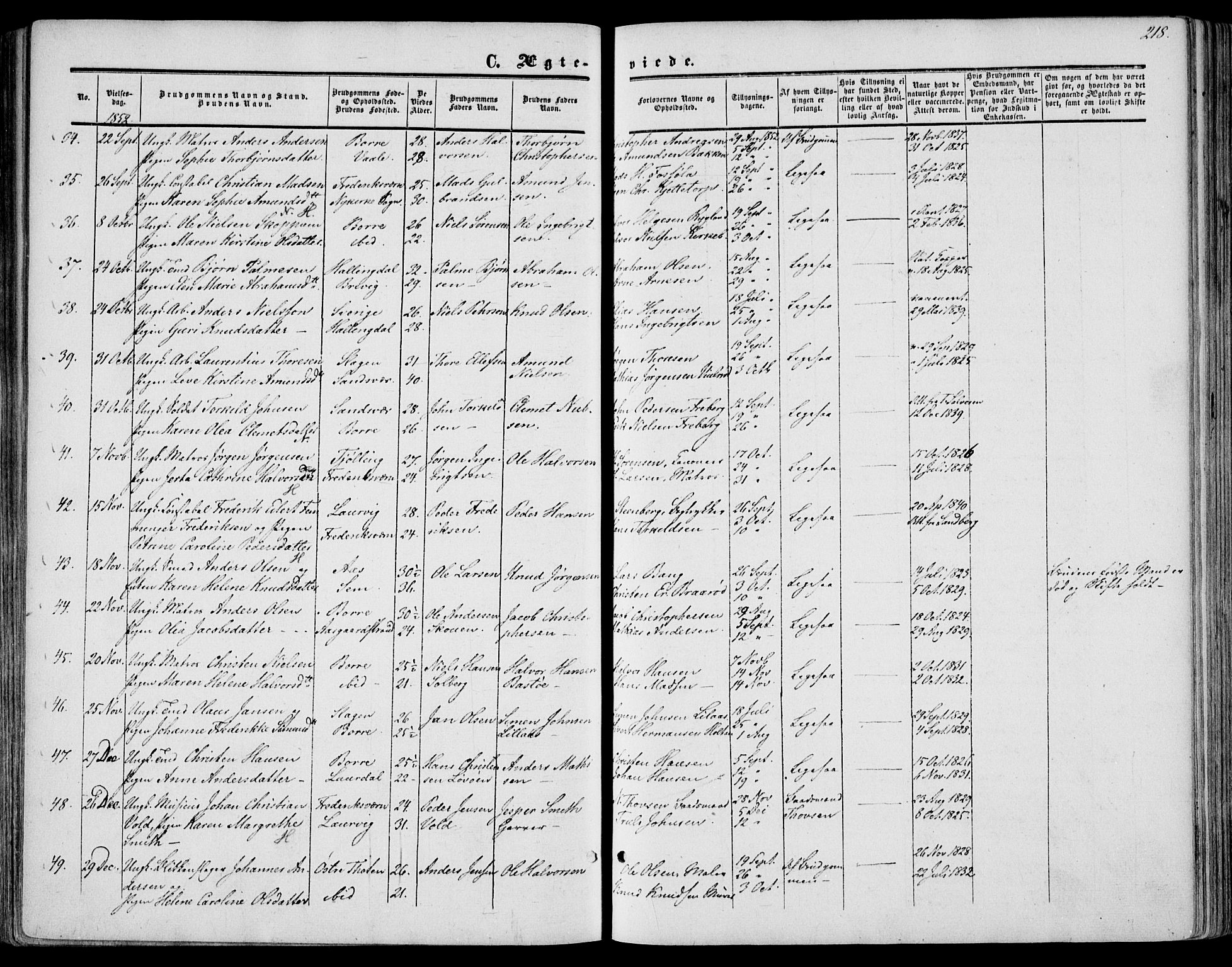 Borre kirkebøker, AV/SAKO-A-338/F/Fa/L0006: Ministerialbok nr. I 6, 1852-1862, s. 218