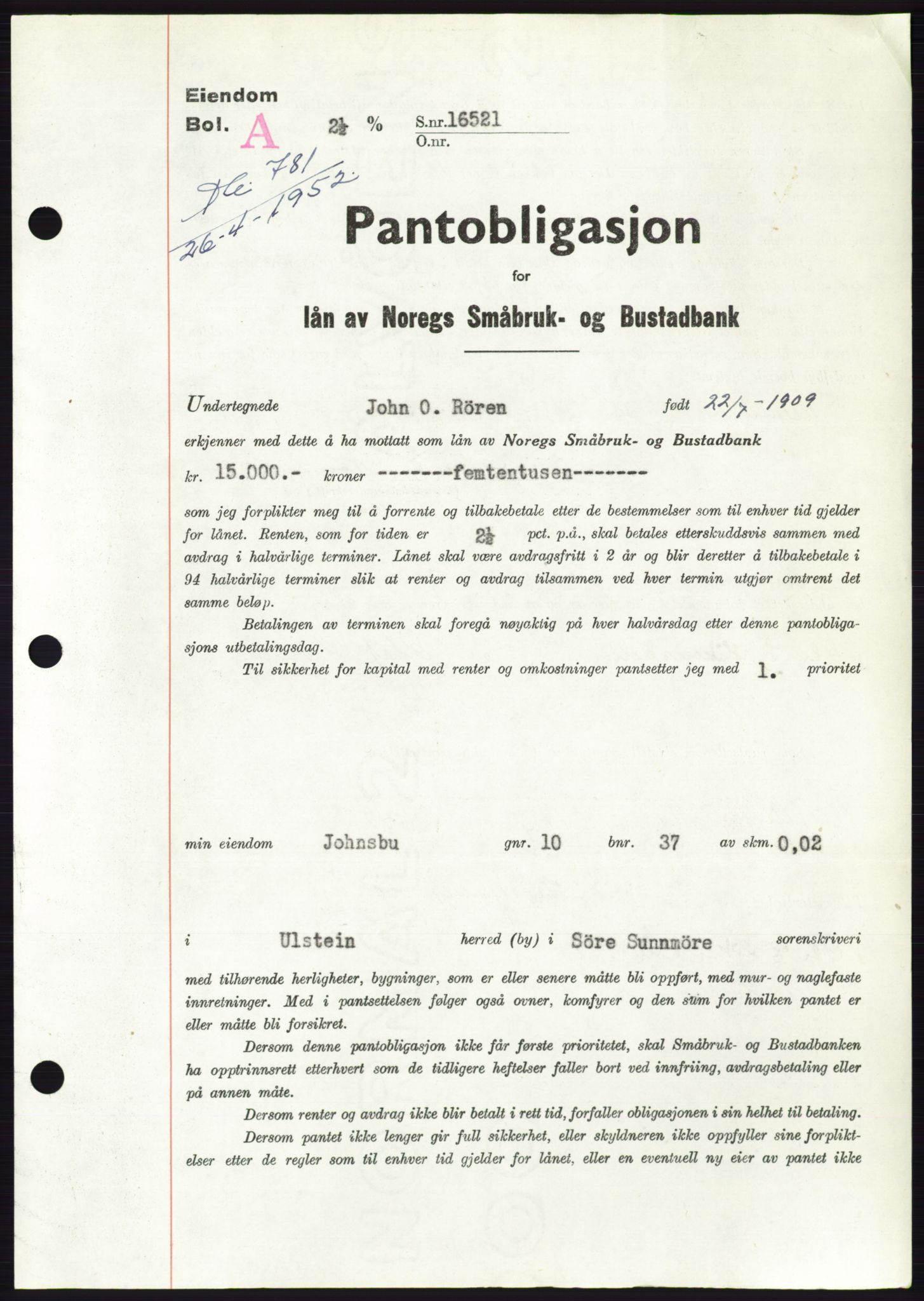 Søre Sunnmøre sorenskriveri, AV/SAT-A-4122/1/2/2C/L0121: Pantebok nr. 9B, 1951-1952, Dagboknr: 781/1952