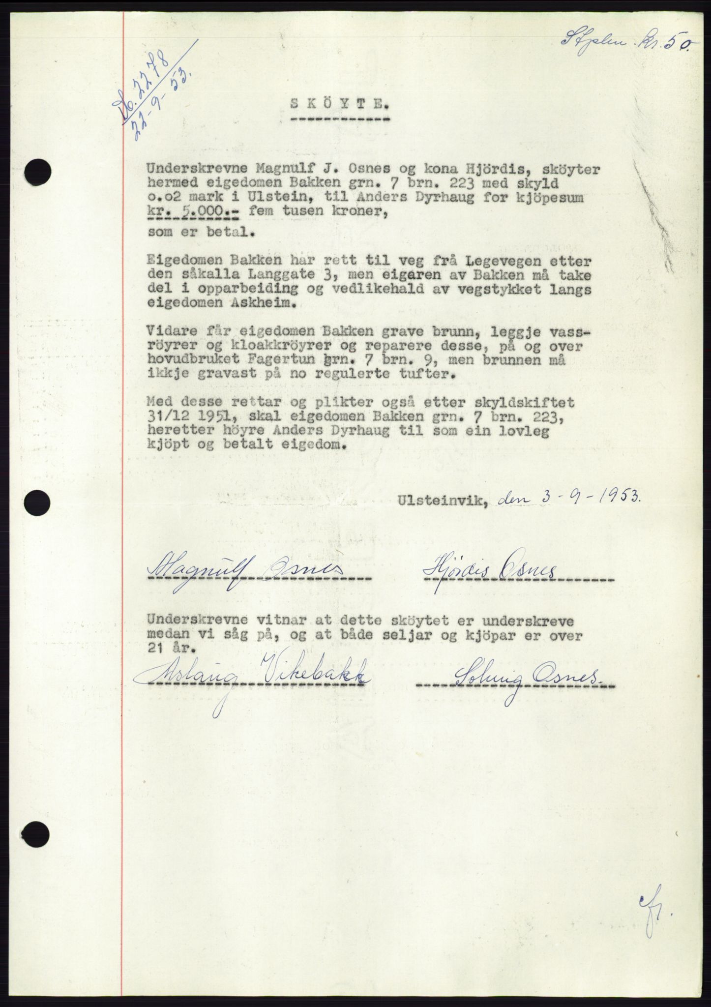 Søre Sunnmøre sorenskriveri, AV/SAT-A-4122/1/2/2C/L0095: Pantebok nr. 21A, 1953-1953, Dagboknr: 2278/1953