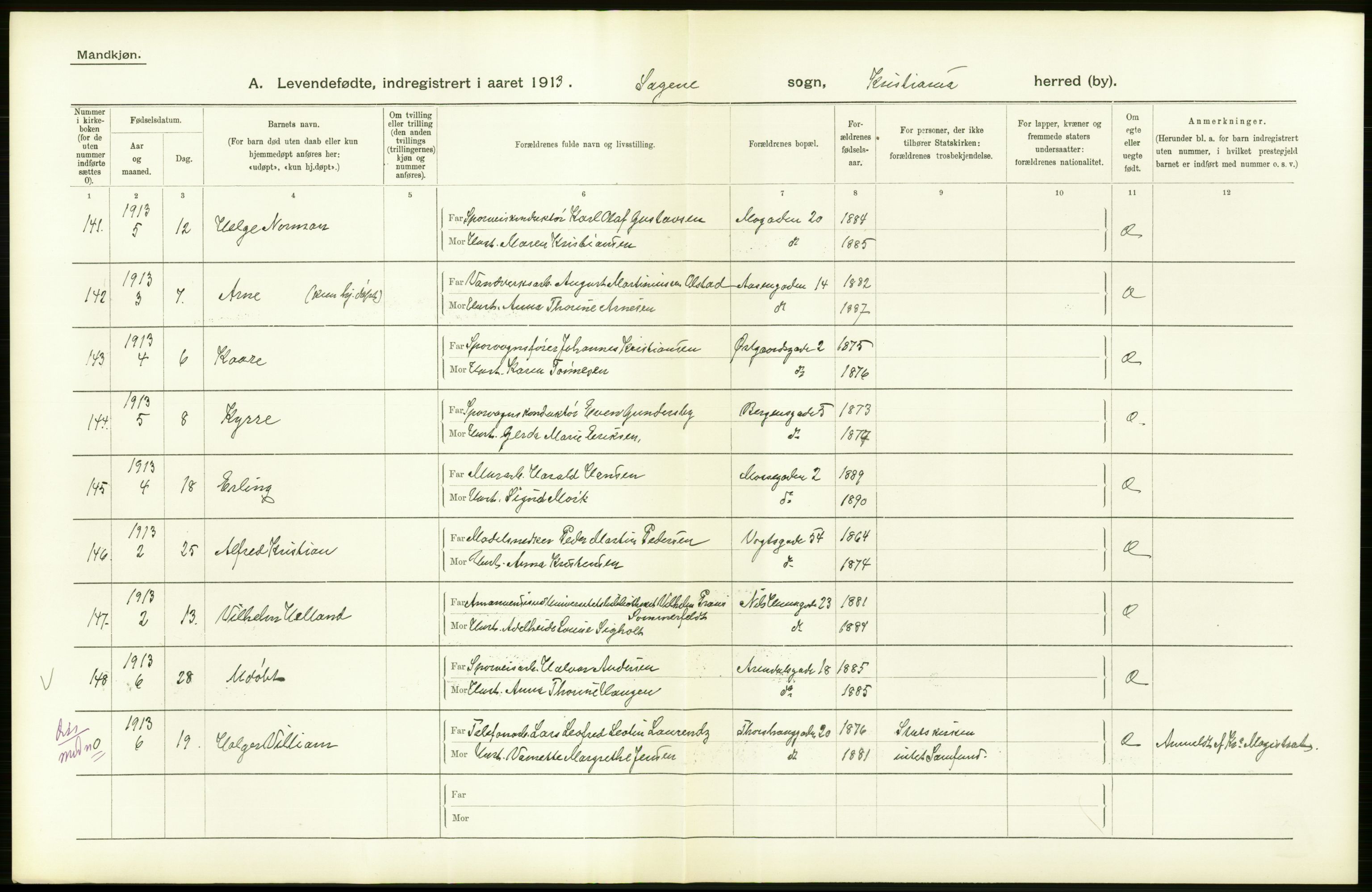 Statistisk sentralbyrå, Sosiodemografiske emner, Befolkning, AV/RA-S-2228/D/Df/Dfb/Dfbc/L0006: Kristiania: Levendefødte menn og kvinner., 1913, s. 32