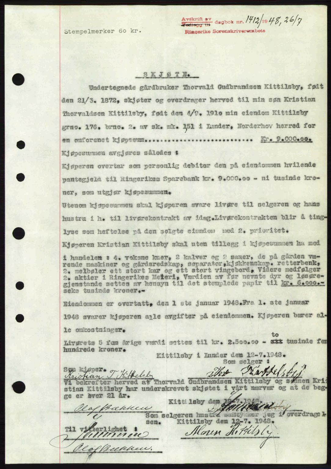 Ringerike sorenskriveri, SAKO/A-105/G/Ga/Gab/L0088: Pantebok nr. A-19, 1948-1948, Dagboknr: 1412/1948