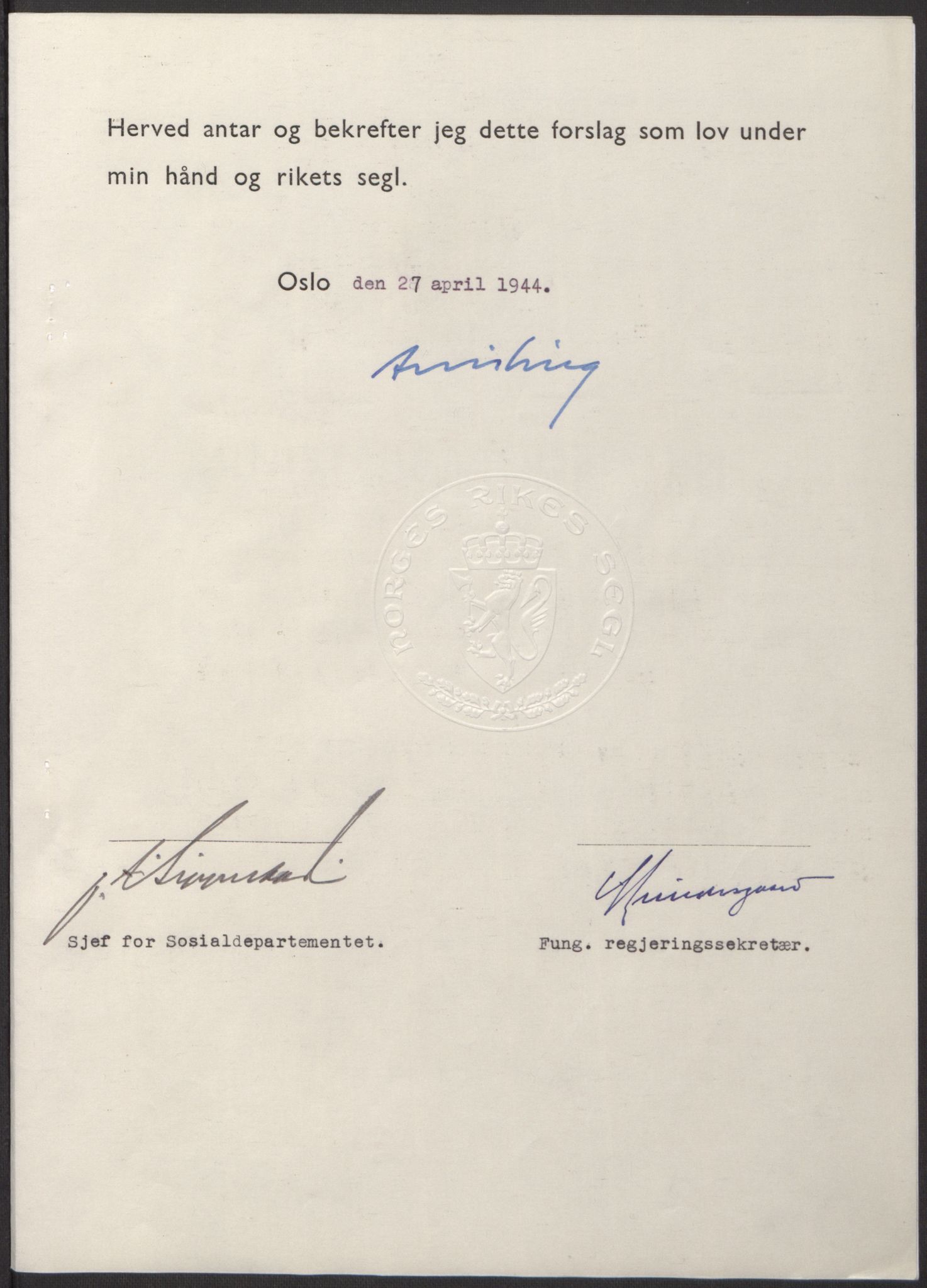 NS-administrasjonen 1940-1945 (Statsrådsekretariatet, de kommisariske statsråder mm), AV/RA-S-4279/D/Db/L0100: Lover, 1944, s. 192