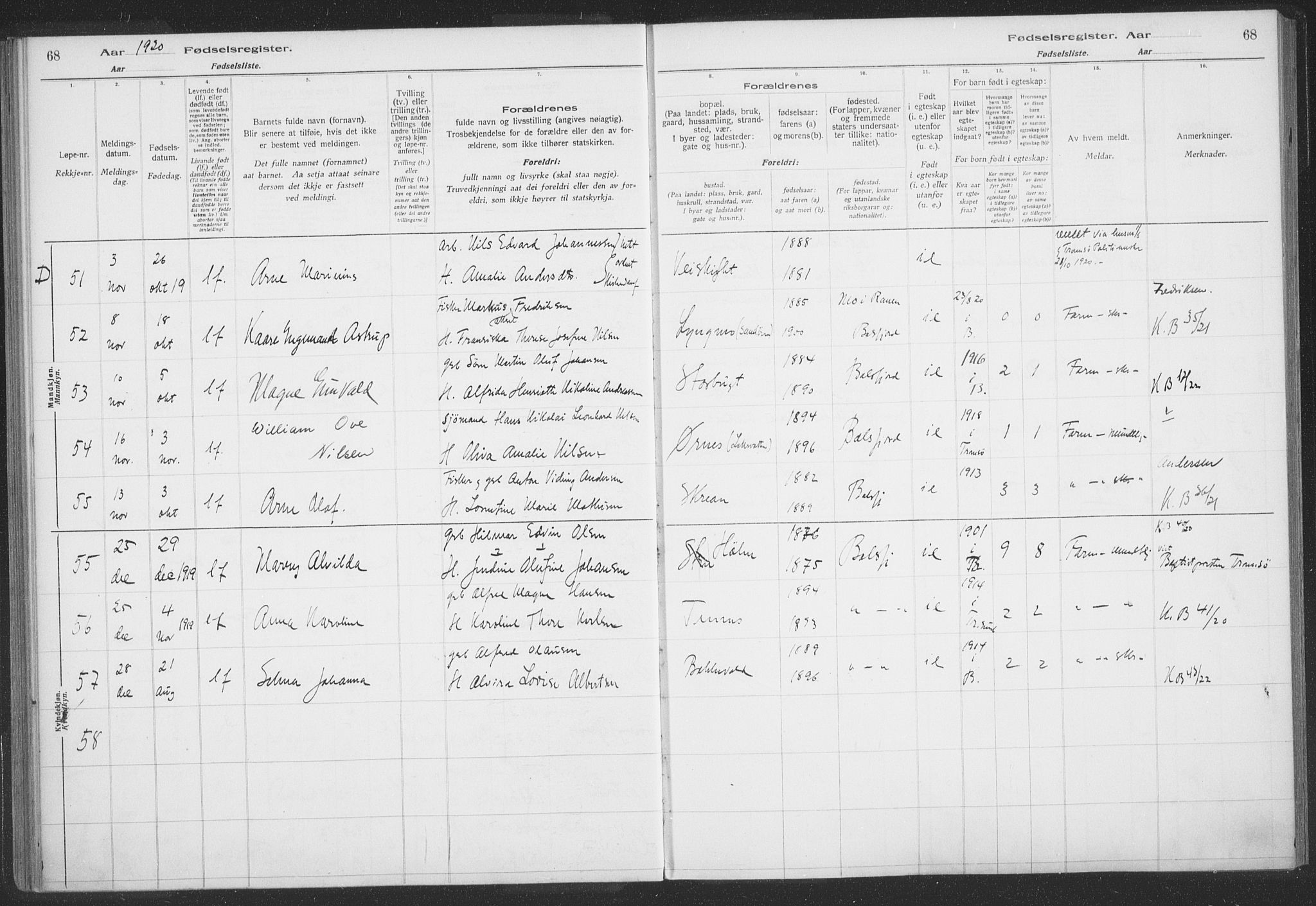 Balsfjord sokneprestembete, AV/SATØ-S-1303/H/Hb/L0059: Fødselsregister nr. 59, 1916-1930, s. 68