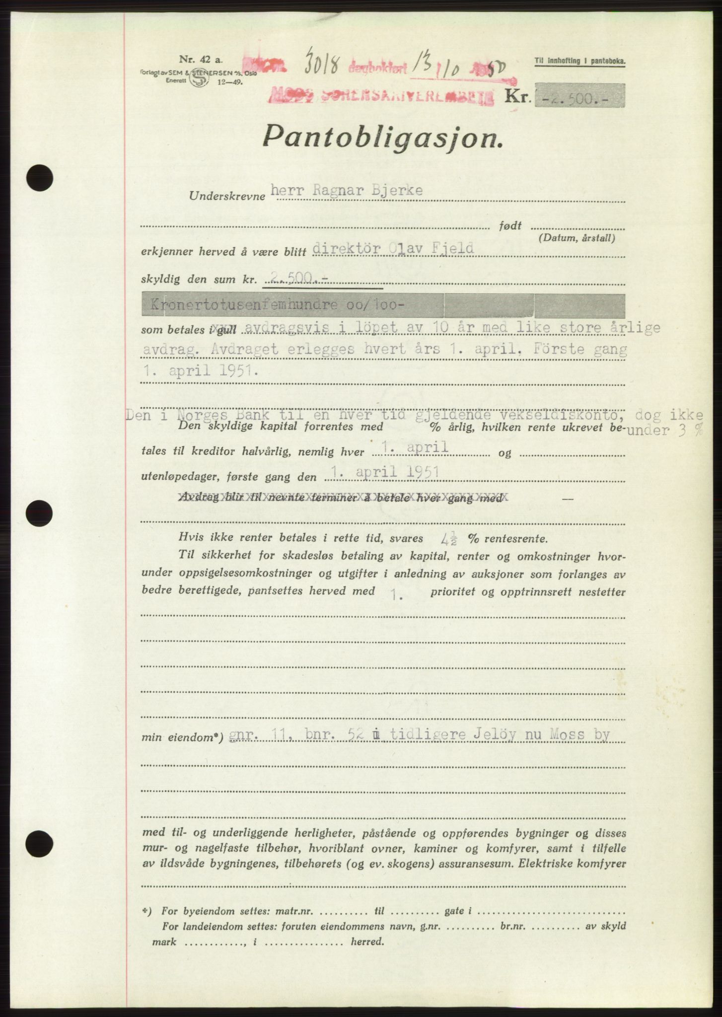 Moss sorenskriveri, SAO/A-10168: Pantebok nr. B25, 1950-1950, Dagboknr: 3018/1950