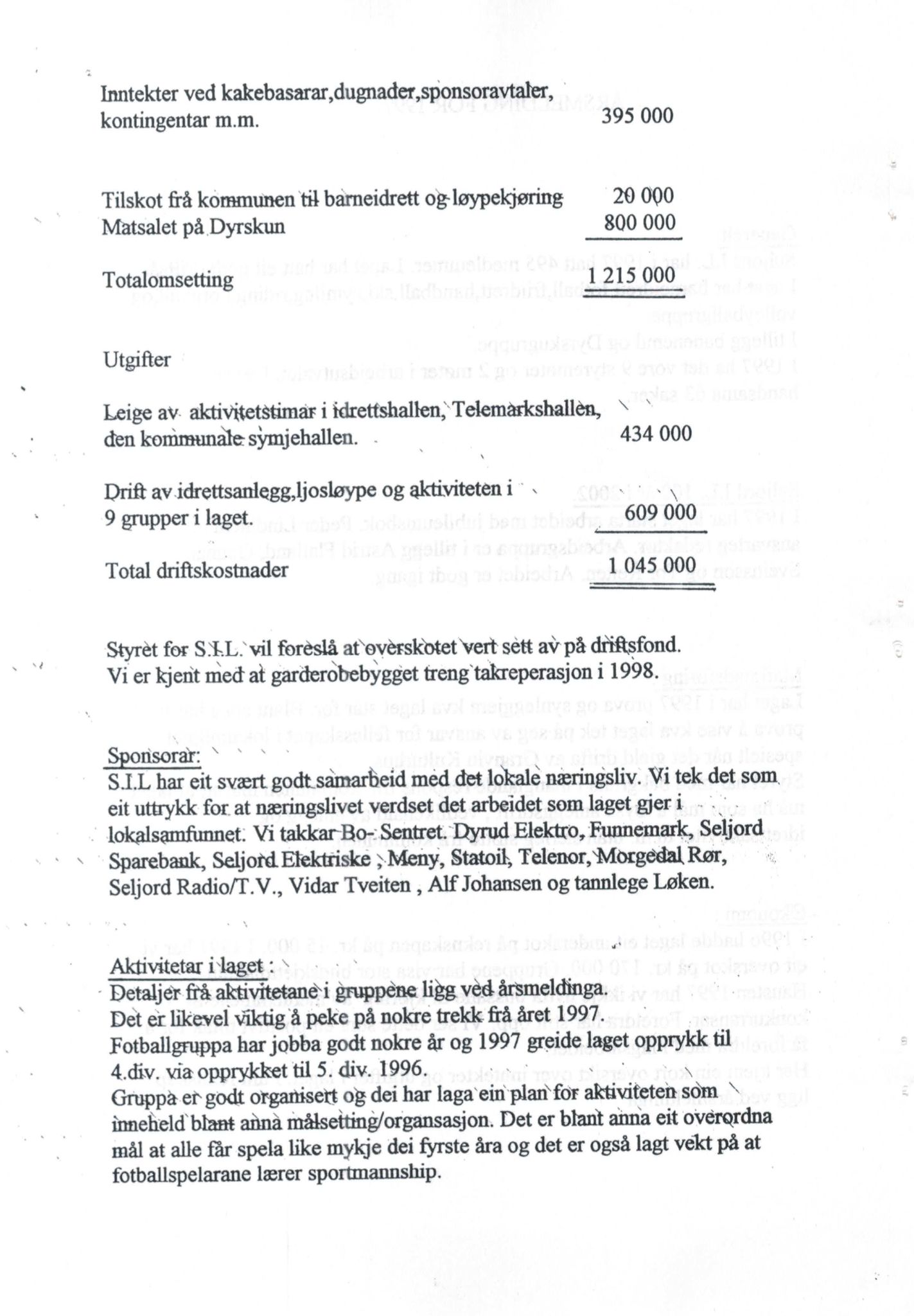 Seljord Idrettslag, VTM/A-1034/A/Ab/L0002: Årsmeldingar, 1997
