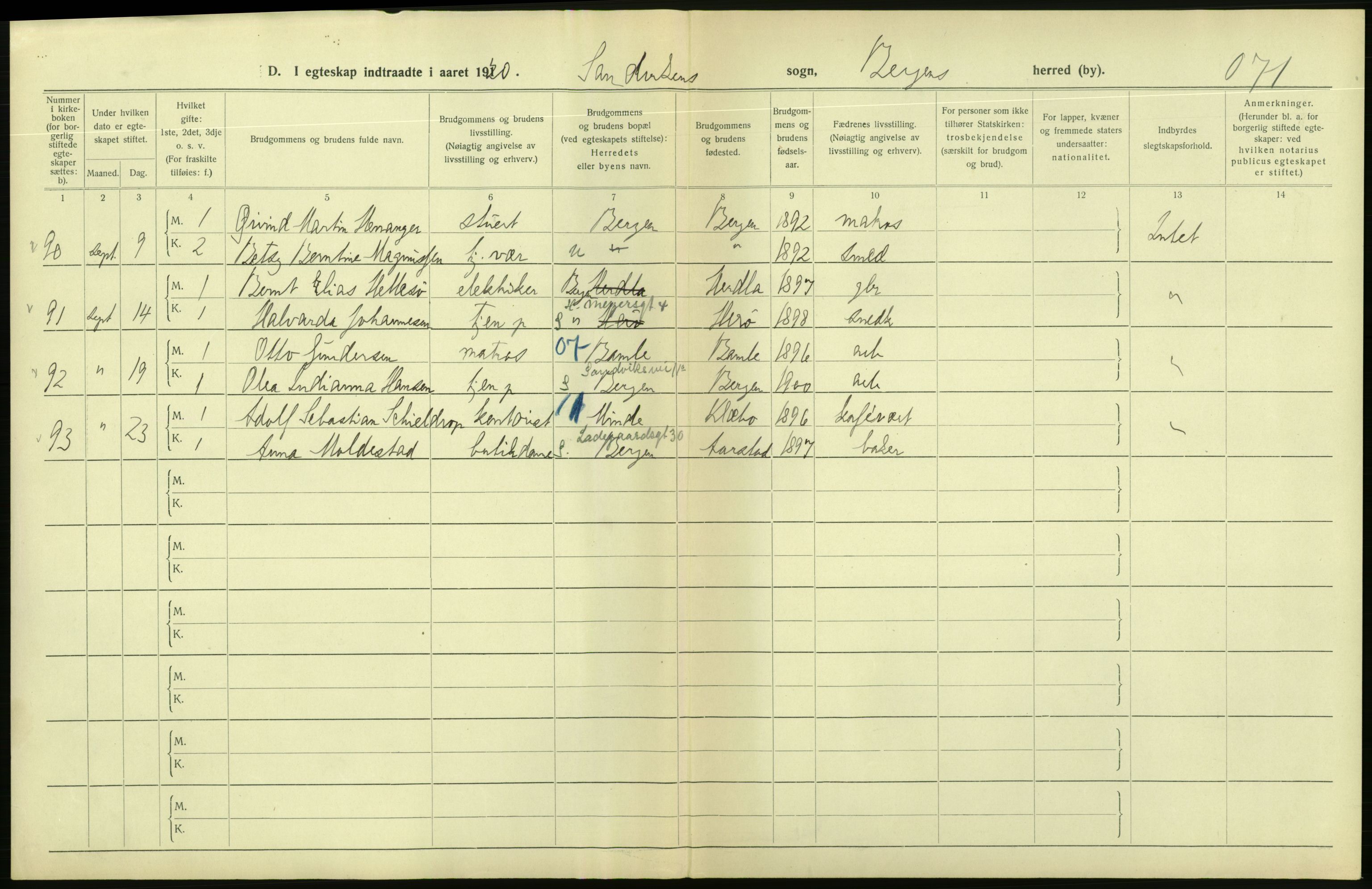 Statistisk sentralbyrå, Sosiodemografiske emner, Befolkning, AV/RA-S-2228/D/Df/Dfb/Dfbj/L0042: Bergen: Gifte, døde, dødfødte., 1920, s. 66