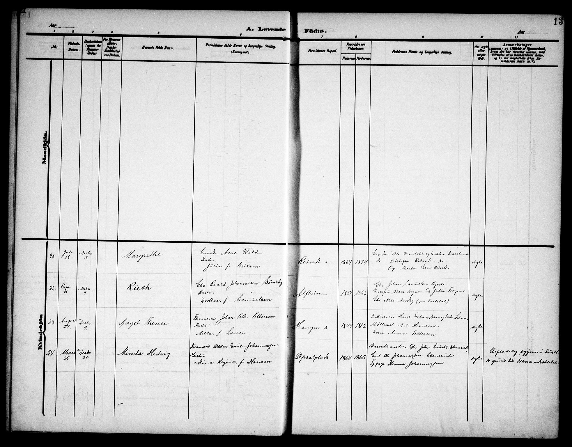 Kråkstad prestekontor Kirkebøker, AV/SAO-A-10125a/G/Ga/L0002: Klokkerbok nr. I 2, 1905-1934, s. 13