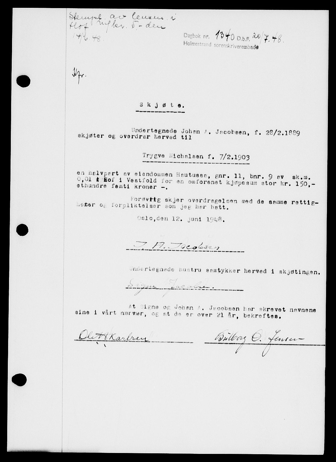 Holmestrand sorenskriveri, SAKO/A-67/G/Ga/Gaa/L0064: Pantebok nr. A-64, 1948-1948, Dagboknr: 1340/1948