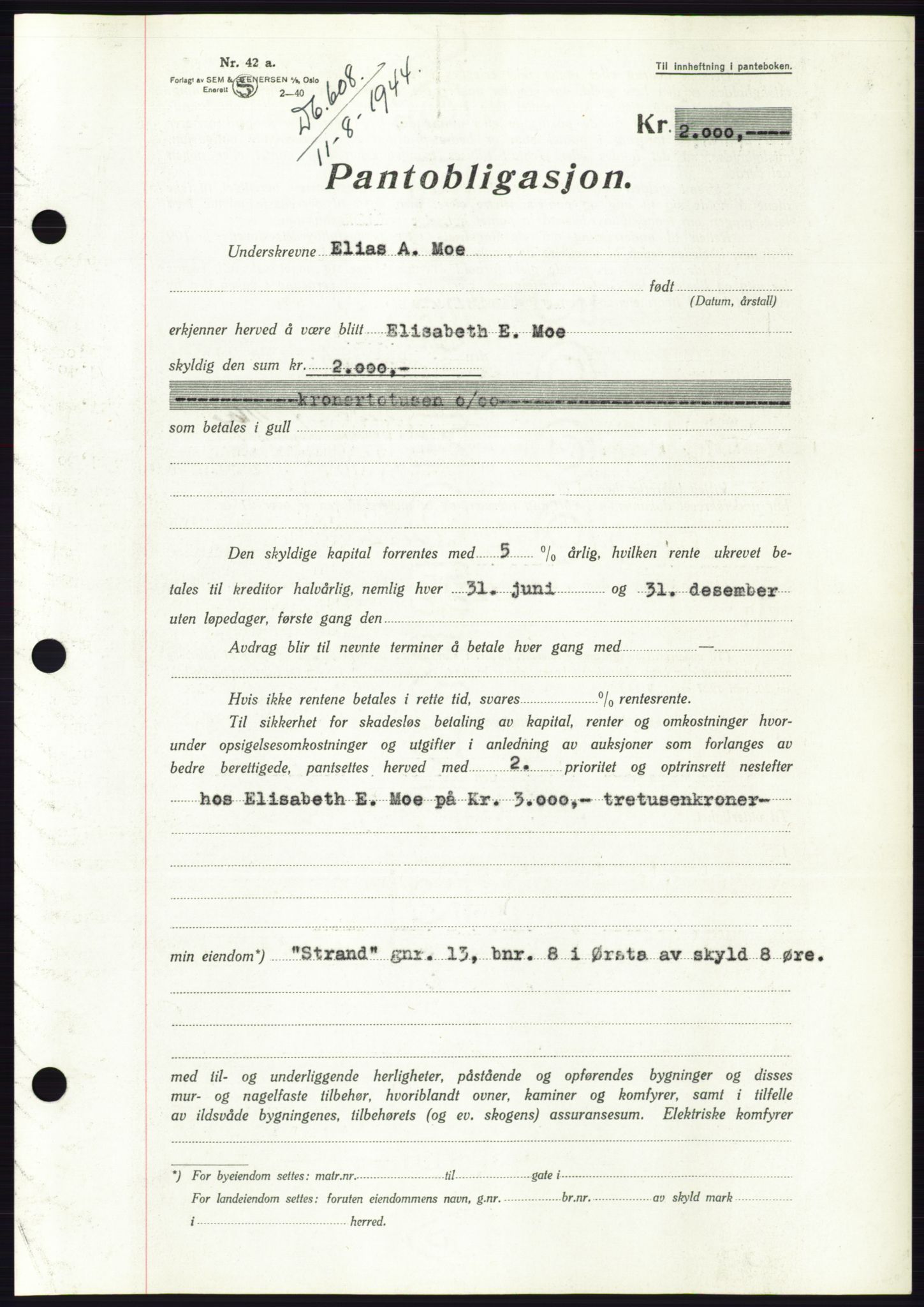 Søre Sunnmøre sorenskriveri, AV/SAT-A-4122/1/2/2C/L0114: Pantebok nr. 1-2B, 1943-1947, Dagboknr: 608/1944