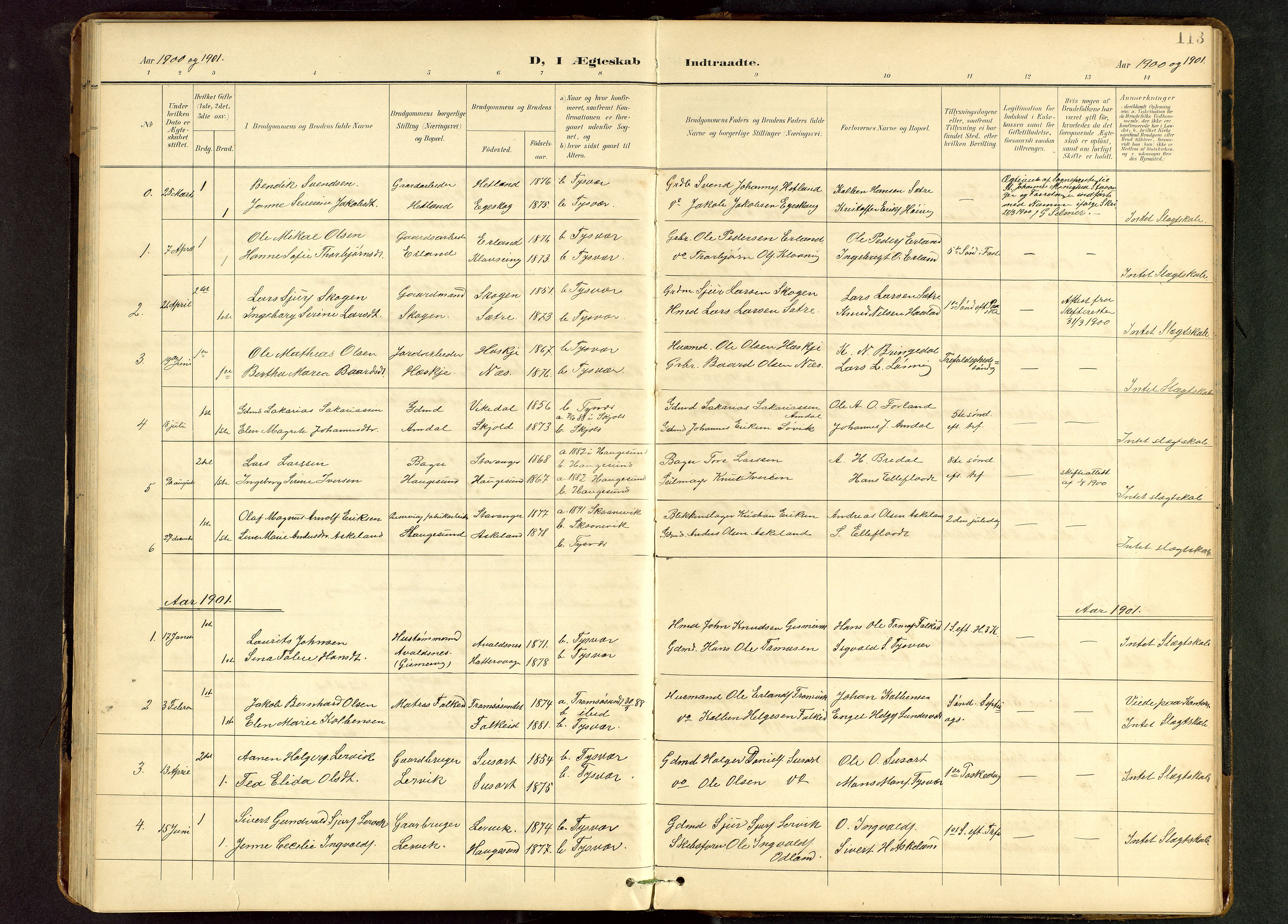 Tysvær sokneprestkontor, AV/SAST-A -101864/H/Ha/Hab/L0010: Klokkerbok nr. B 10, 1897-1912, s. 113