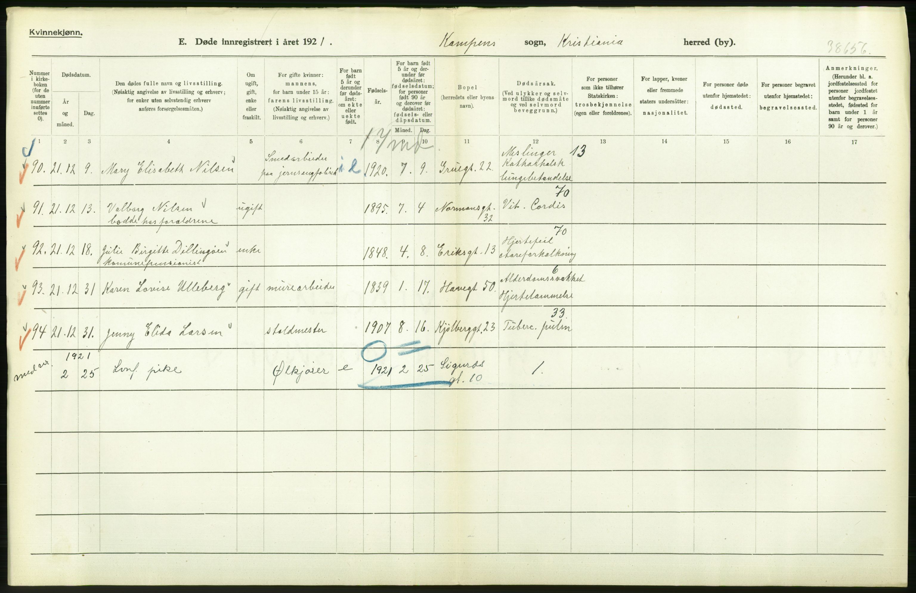 Statistisk sentralbyrå, Sosiodemografiske emner, Befolkning, RA/S-2228/D/Df/Dfc/Dfca/L0013: Kristiania: Døde, dødfødte, 1921, s. 410