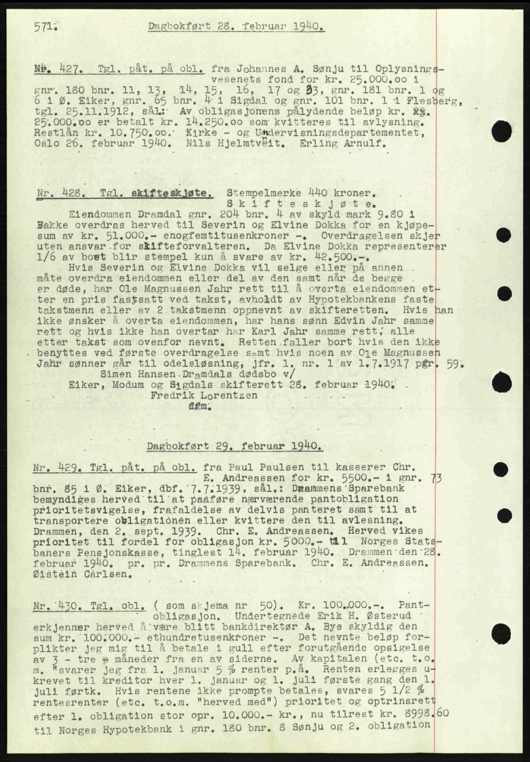 Eiker, Modum og Sigdal sorenskriveri, SAKO/A-123/G/Ga/Gab/L0041: Pantebok nr. A11, 1939-1940, Dagboknr: 427/1940