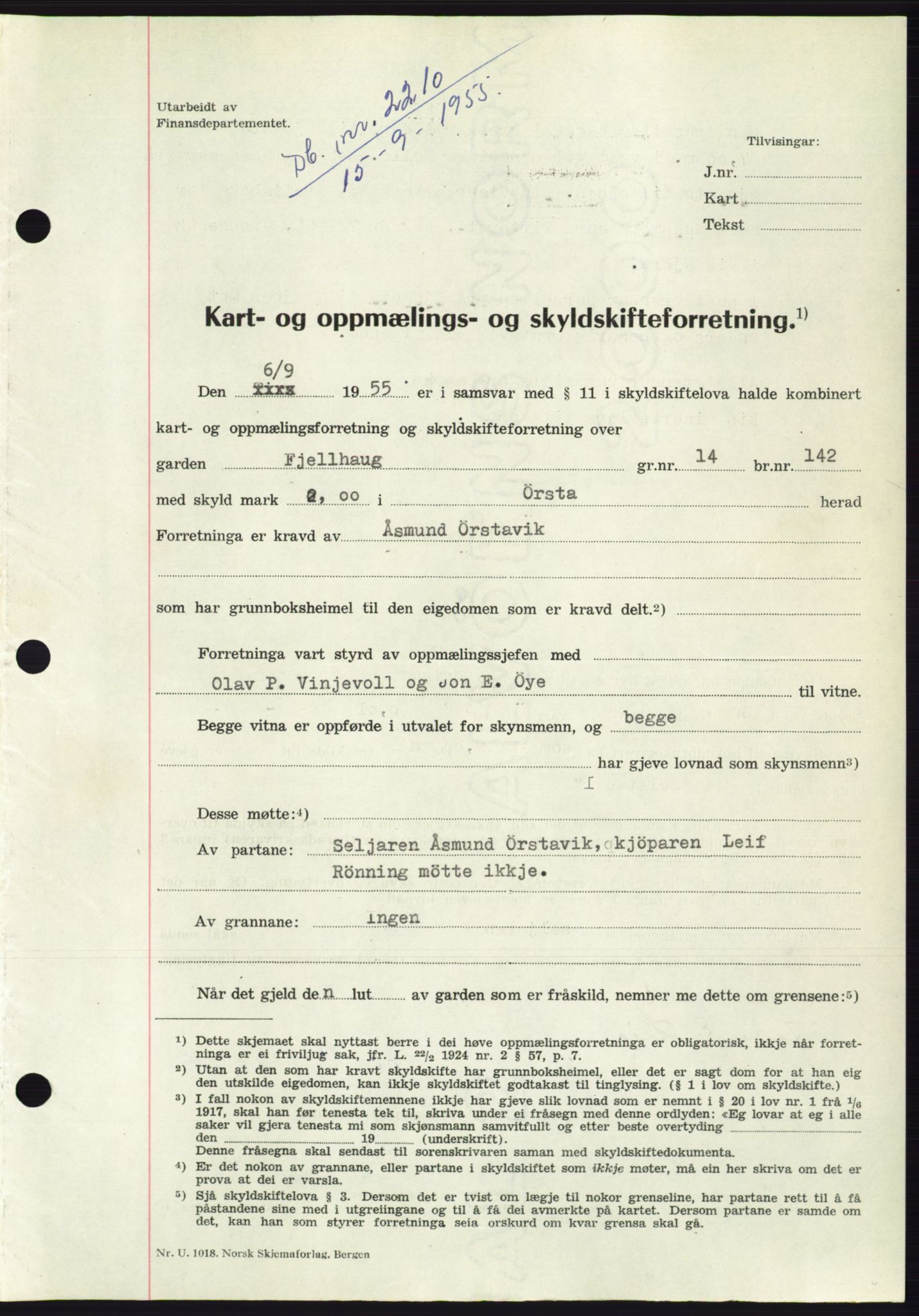 Søre Sunnmøre sorenskriveri, AV/SAT-A-4122/1/2/2C/L0101: Pantebok nr. 27A, 1955-1955, Dagboknr: 2210/1955