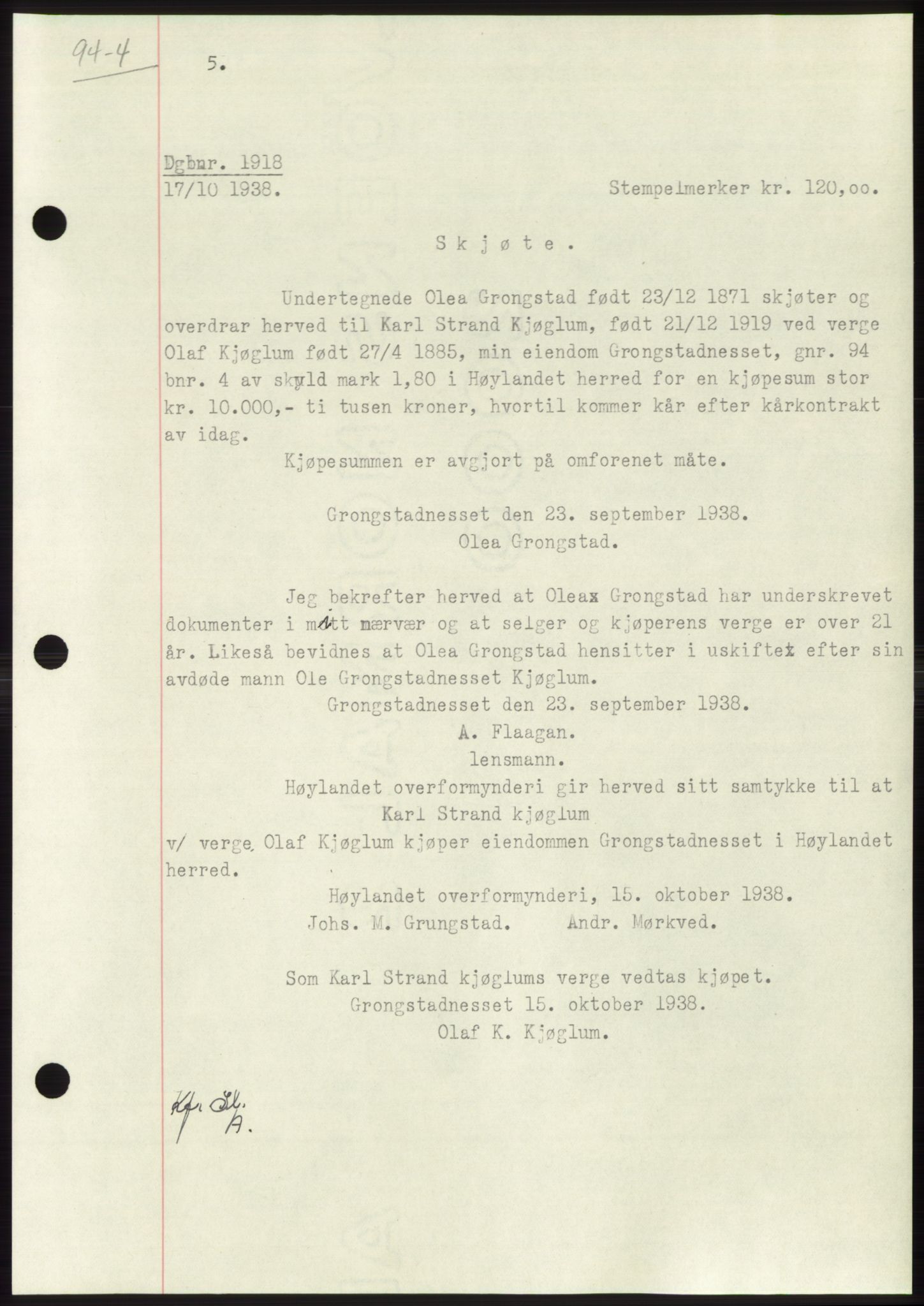 Namdal sorenskriveri, SAT/A-4133/1/2/2C: Pantebok nr. -, 1937-1939, Tingl.dato: 17.10.1938