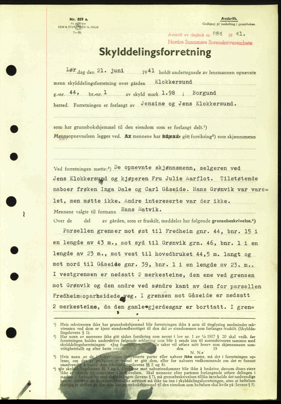 Nordre Sunnmøre sorenskriveri, SAT/A-0006/1/2/2C/2Ca: Pantebok nr. A11, 1941-1941, Dagboknr: 884/1941