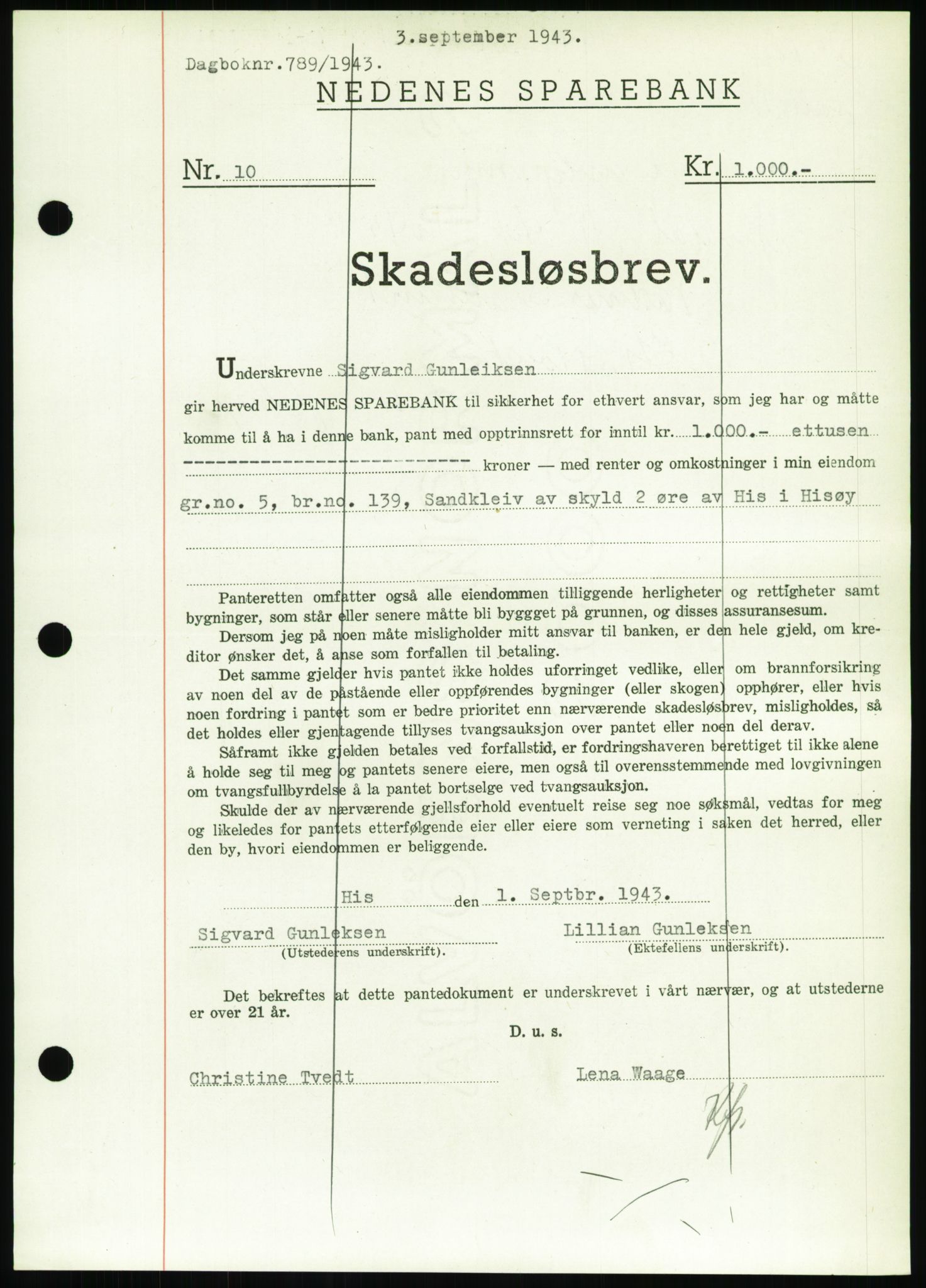Nedenes sorenskriveri, SAK/1221-0006/G/Gb/Gbb/L0002: Pantebok nr. II, 1942-1945, Dagboknr: 789/1943