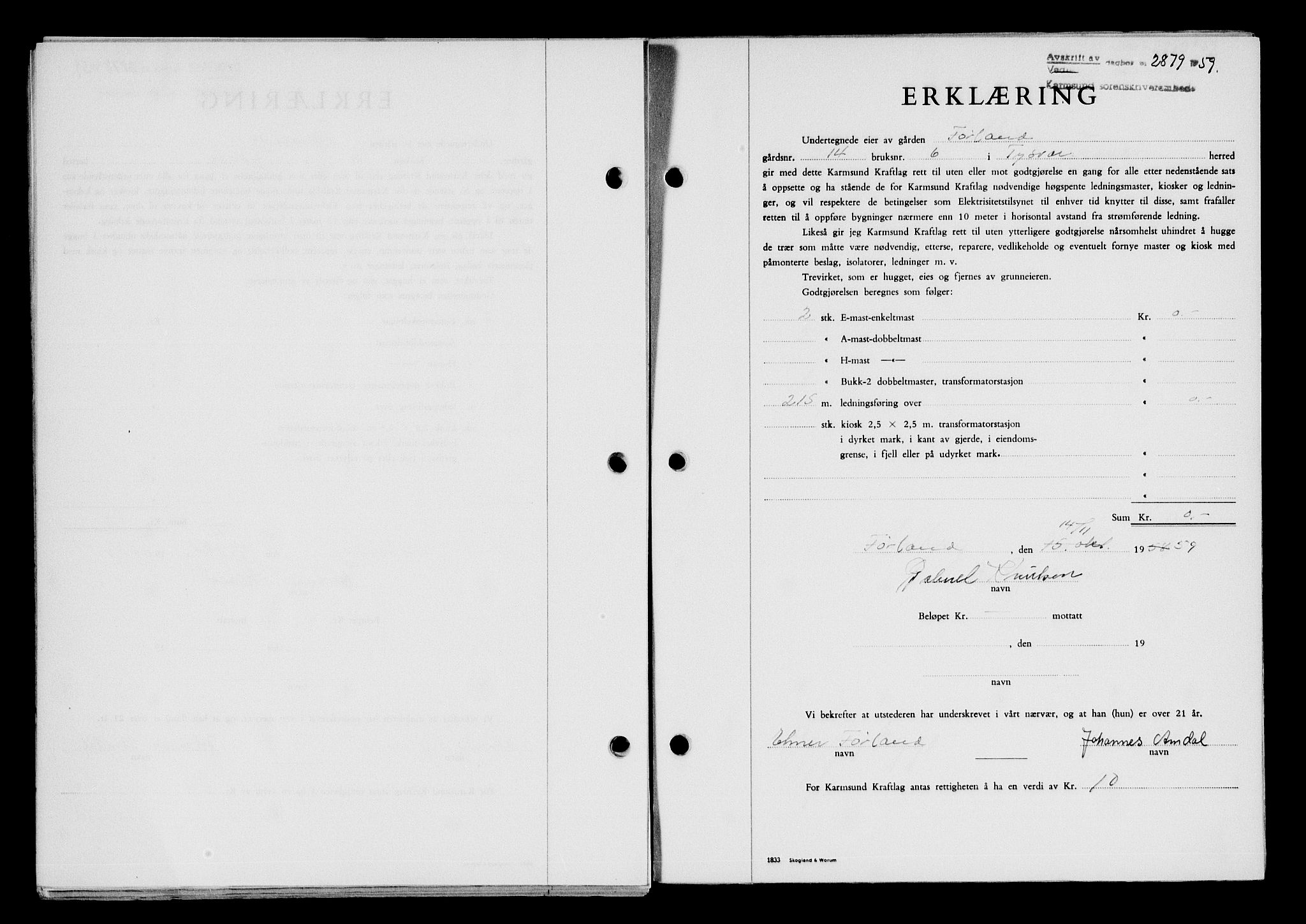 Karmsund sorenskriveri, SAST/A-100311/01/II/IIB/L0132: Pantebok nr. 112A, 1959-1959, Dagboknr: 2879/1959