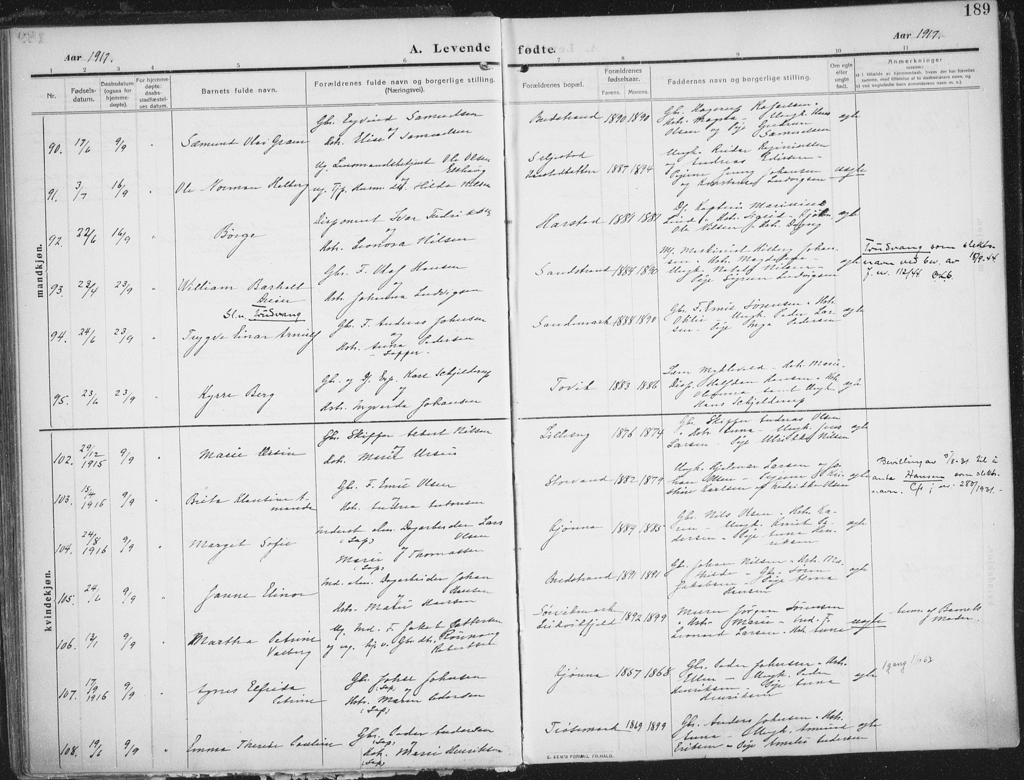Trondenes sokneprestkontor, AV/SATØ-S-1319/H/Ha/L0018kirke: Ministerialbok nr. 18, 1909-1918, s. 189