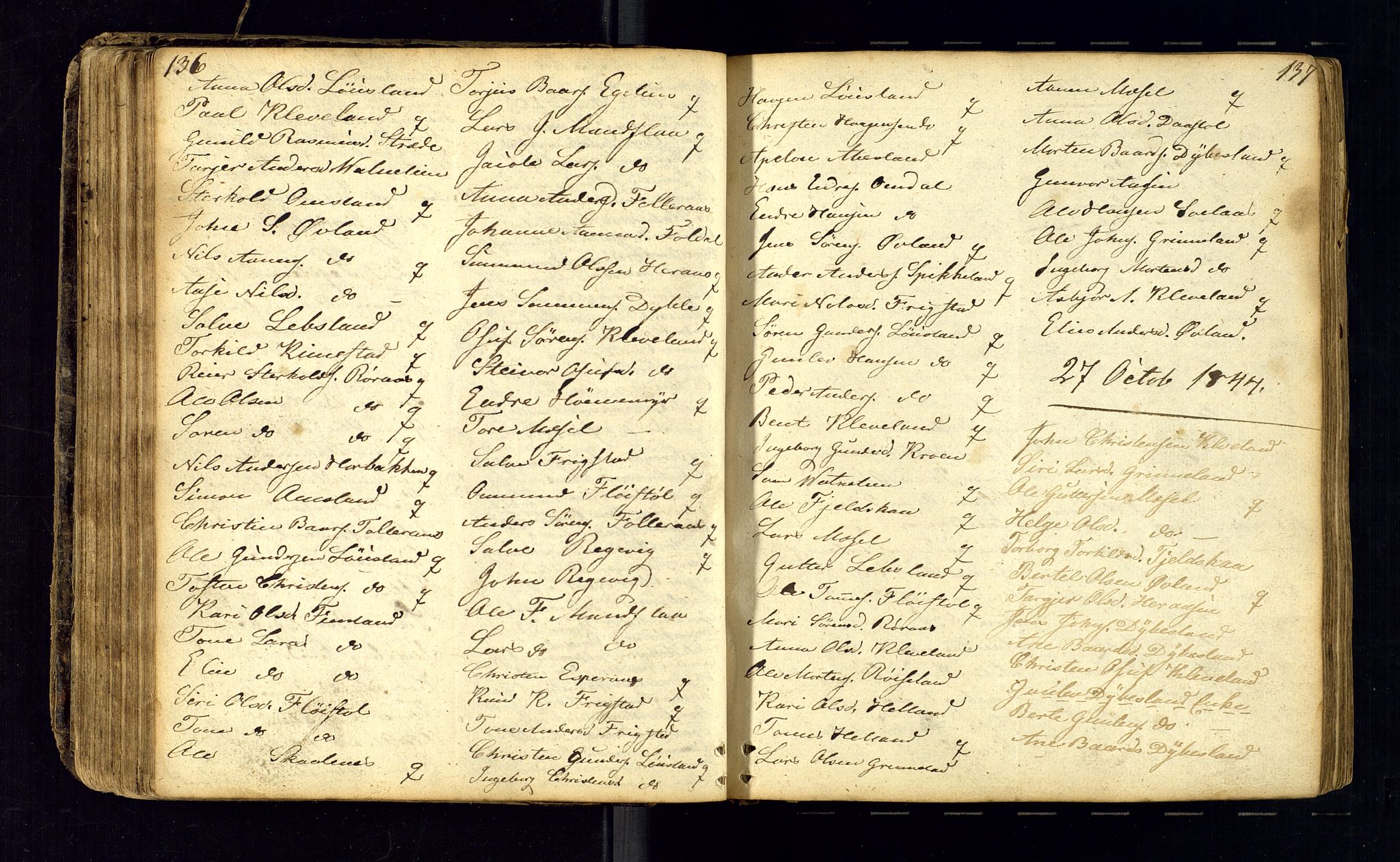 Bjelland sokneprestkontor, AV/SAK-1111-0005/F/Fc/Fcb/L0001: Kommunikantprotokoll nr. C-1, 1827-1906, s. 136-137