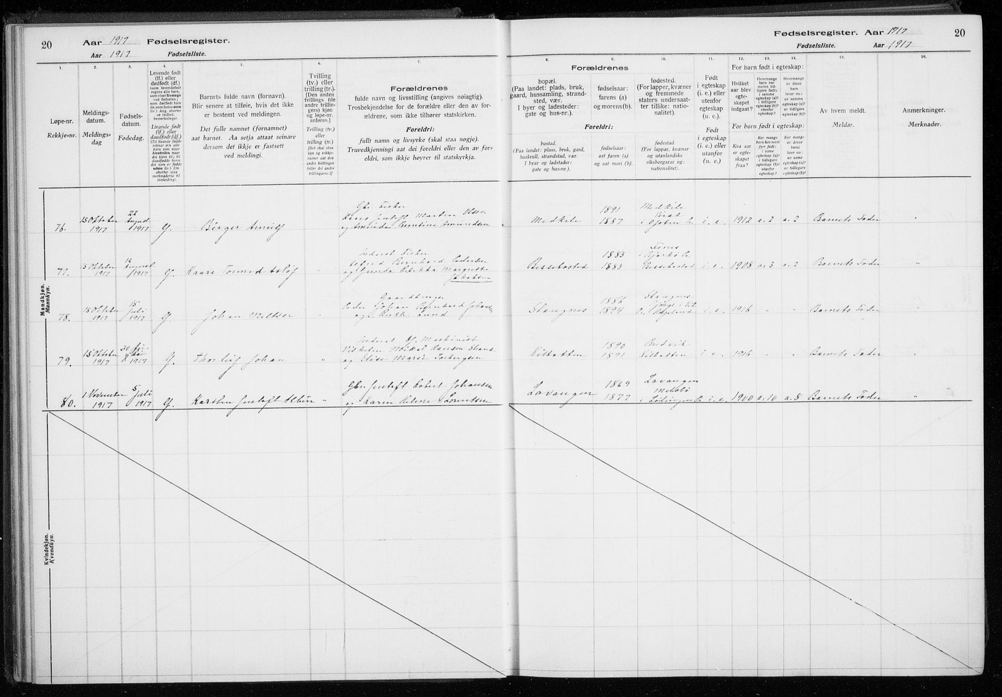 Trondenes sokneprestkontor, SATØ/S-1319/I/Ia/L0089: Fødselsregister nr. 89, 1916-1925, s. 20