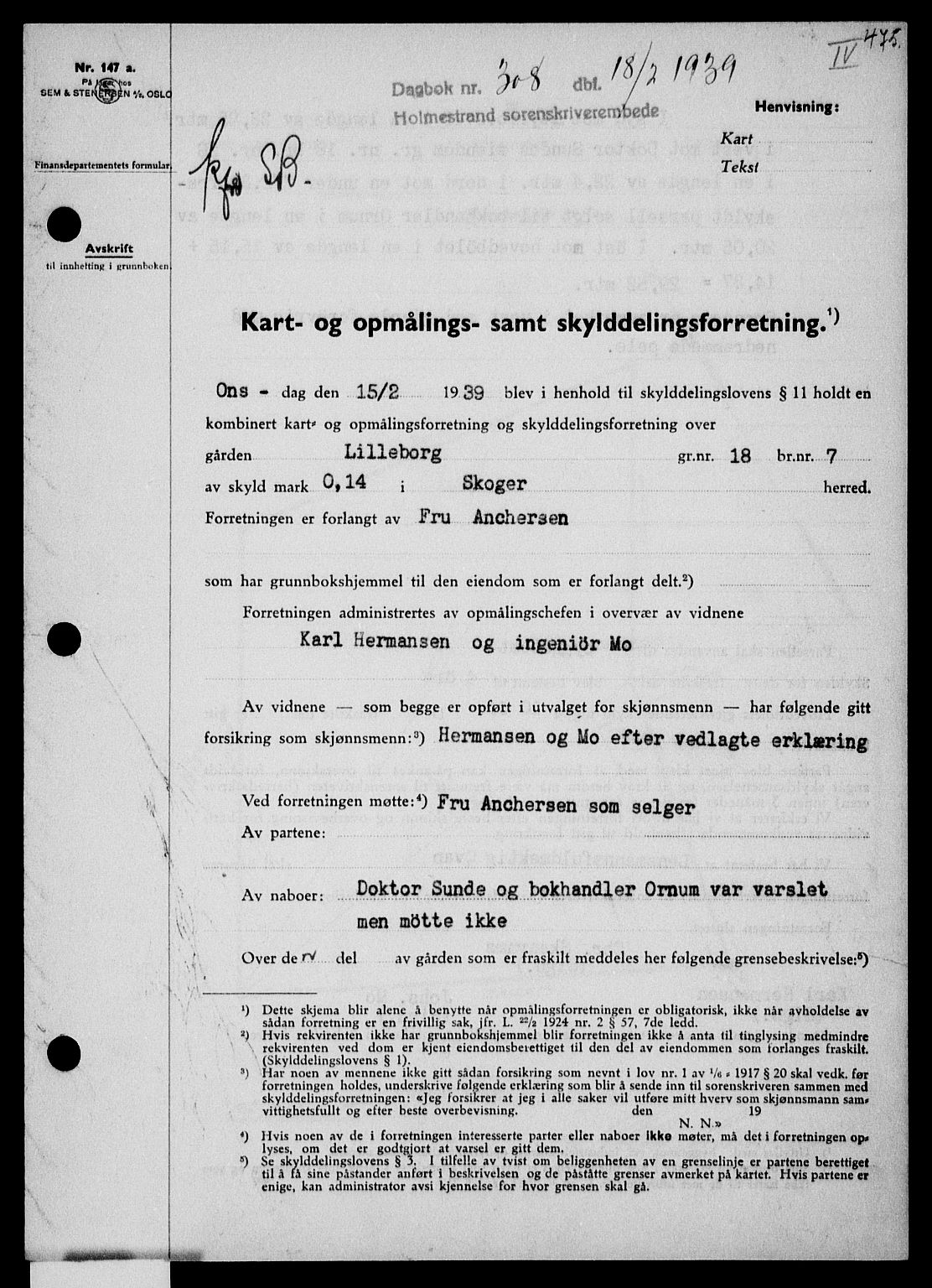 Holmestrand sorenskriveri, SAKO/A-67/G/Ga/Gaa/L0050: Pantebok nr. A-50, 1938-1939, Dagboknr: 308/1939
