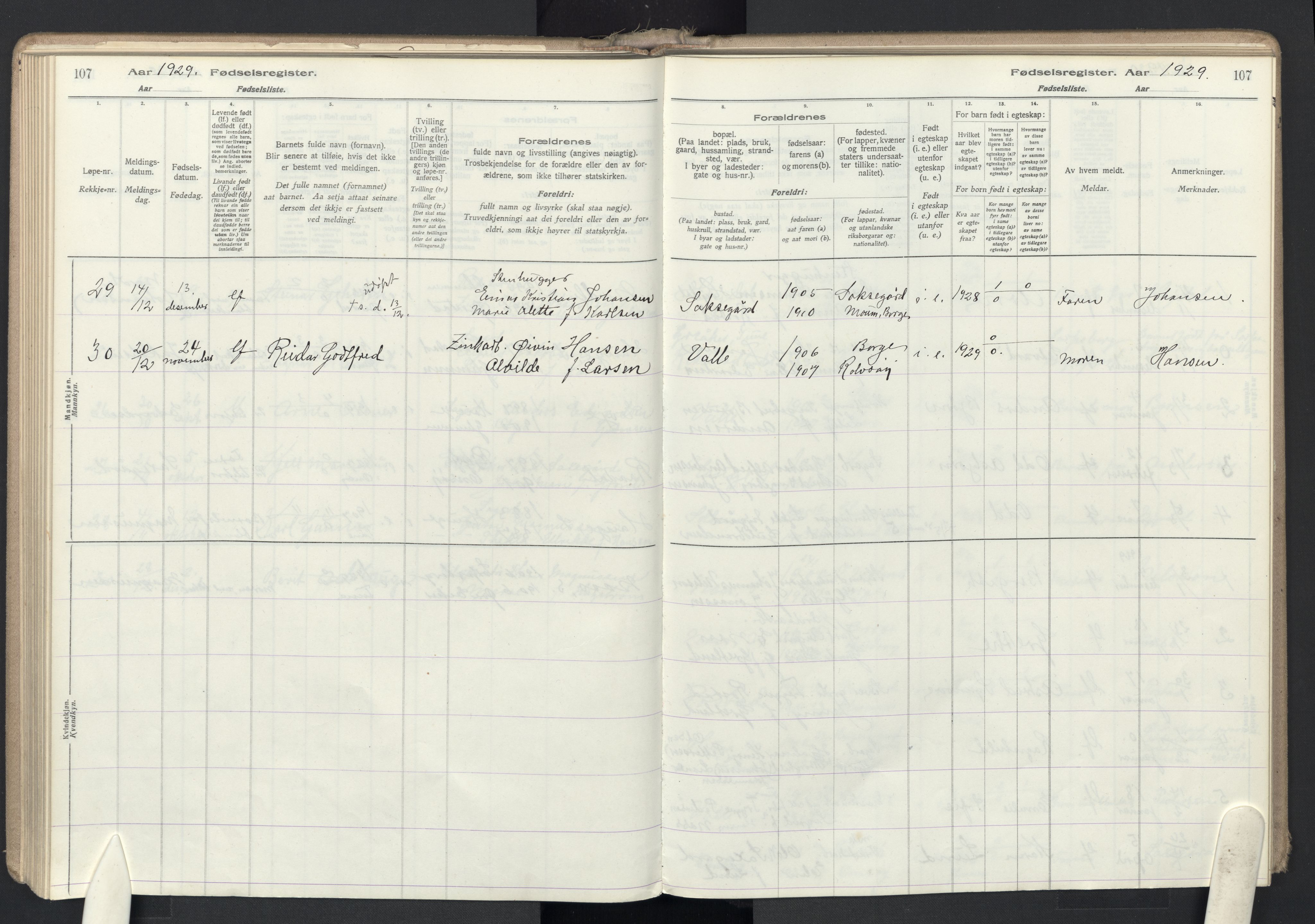 Rolvsøy prestekontor Kirkebøker, AV/SAO-A-2004/J/Ja/L0001: Fødselsregister nr. 1, 1916-1946, s. 107