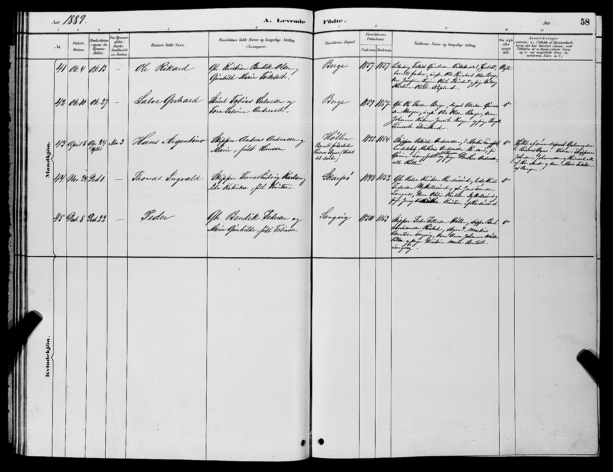 Søgne sokneprestkontor, AV/SAK-1111-0037/F/Fb/Fbb/L0005: Klokkerbok nr. B 5, 1884-1891, s. 58