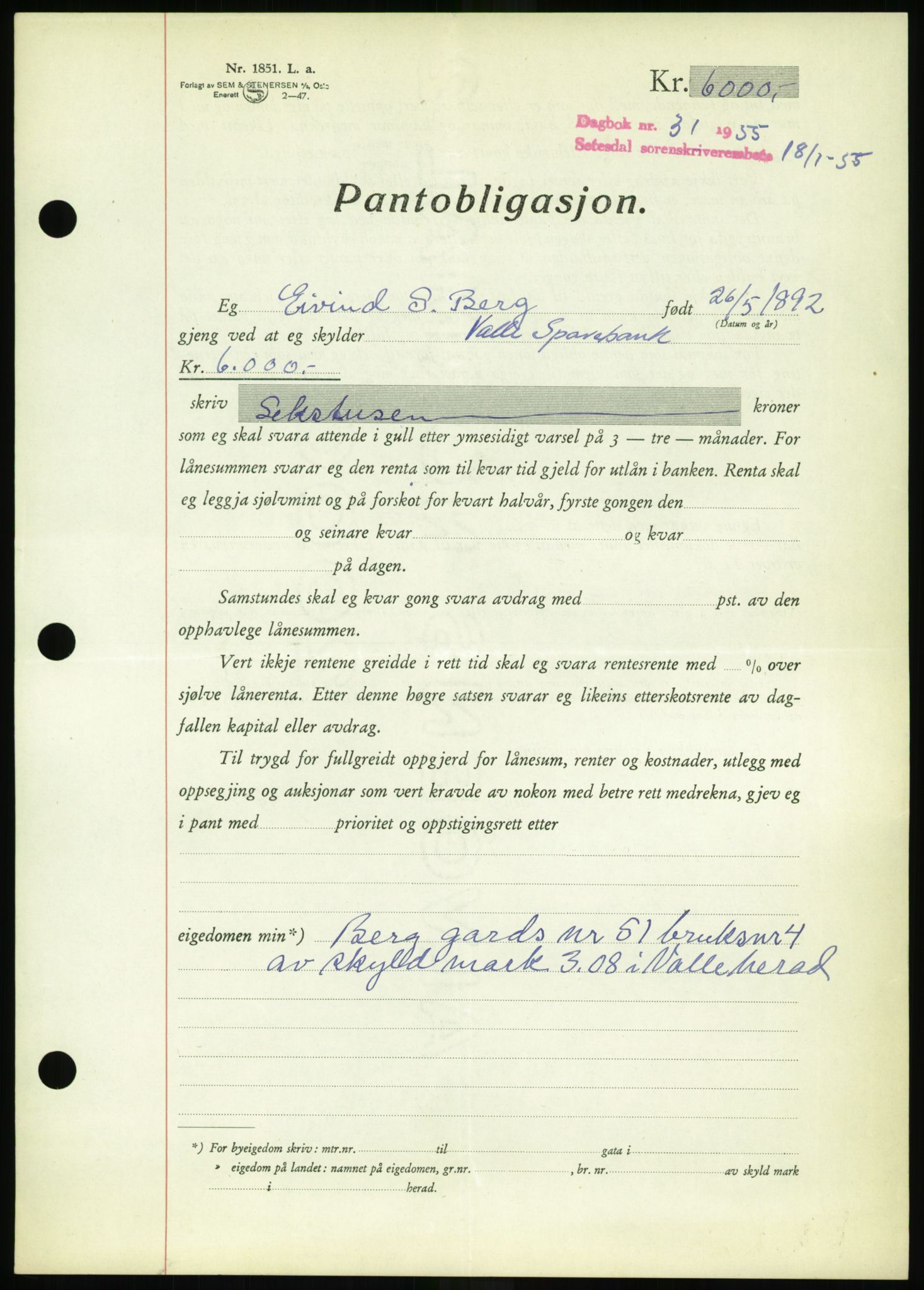 Setesdal sorenskriveri, SAK/1221-0011/G/Gb/L0052: Pantebok nr. B 40, 1954-1955, Dagboknr: 31/1955