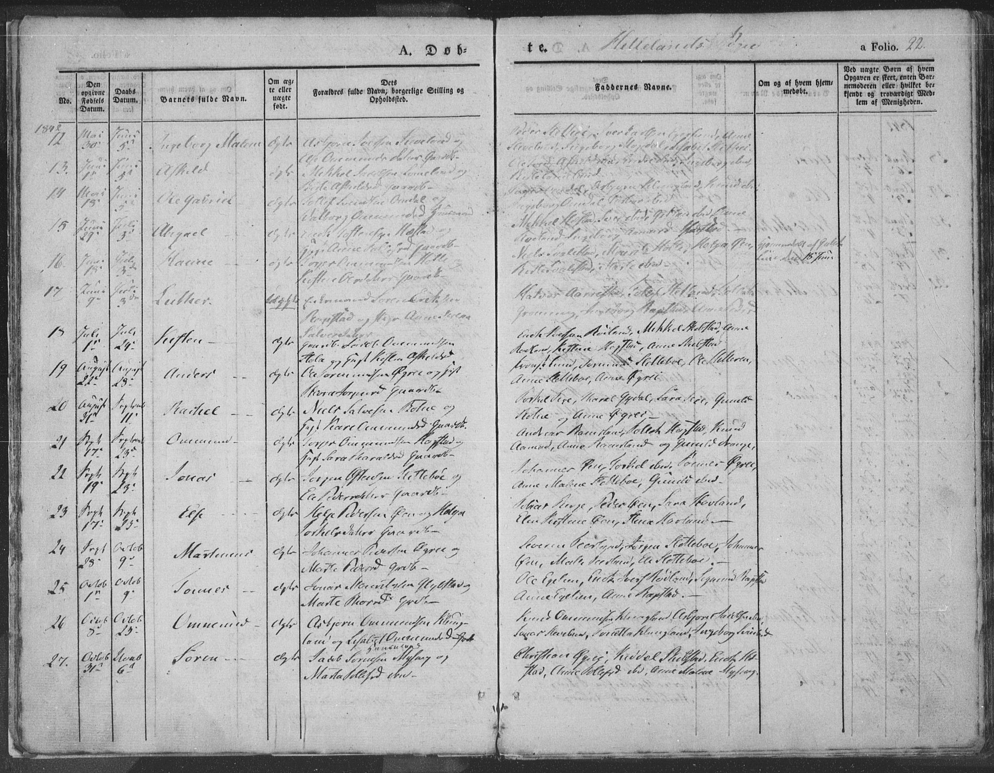 Helleland sokneprestkontor, SAST/A-101810: Ministerialbok nr. A 6.1, 1834-1863, s. 22