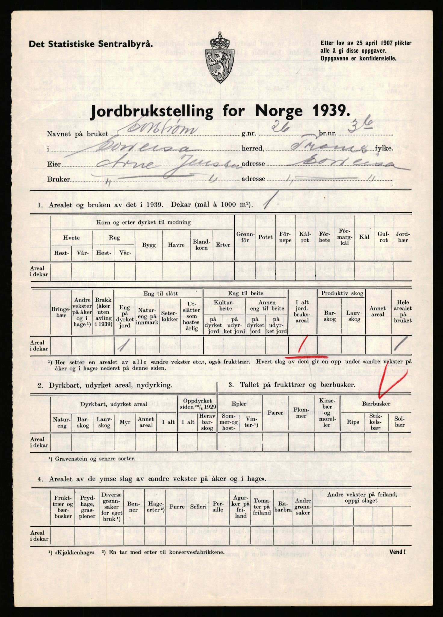 Statistisk sentralbyrå, Næringsøkonomiske emner, Jordbruk, skogbruk, jakt, fiske og fangst, AV/RA-S-2234/G/Gb/L0341: Troms: Sørreisa og Tranøy, 1939, s. 50